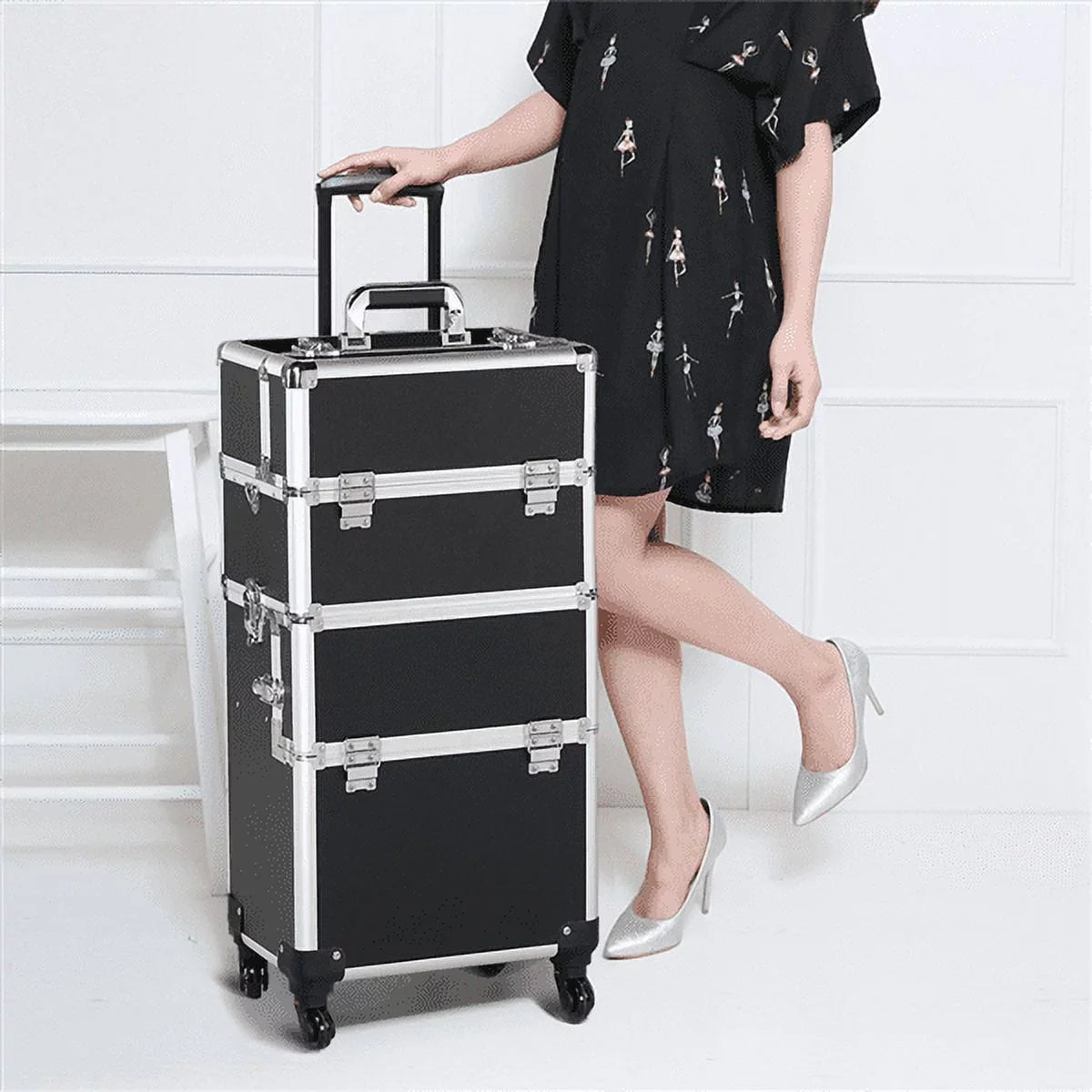 Easyfashion 3-in-1 Rolling Professional Cosmetic Makeup Case, Black