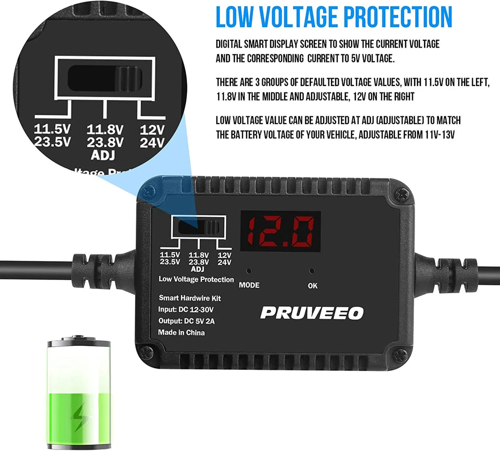 PRUVEEO Dash Cam Hardwire Kit, Intelligent and Adjustable Low-Voltage Protection Fit for 98% Dash Cam, 13ft Mini USB