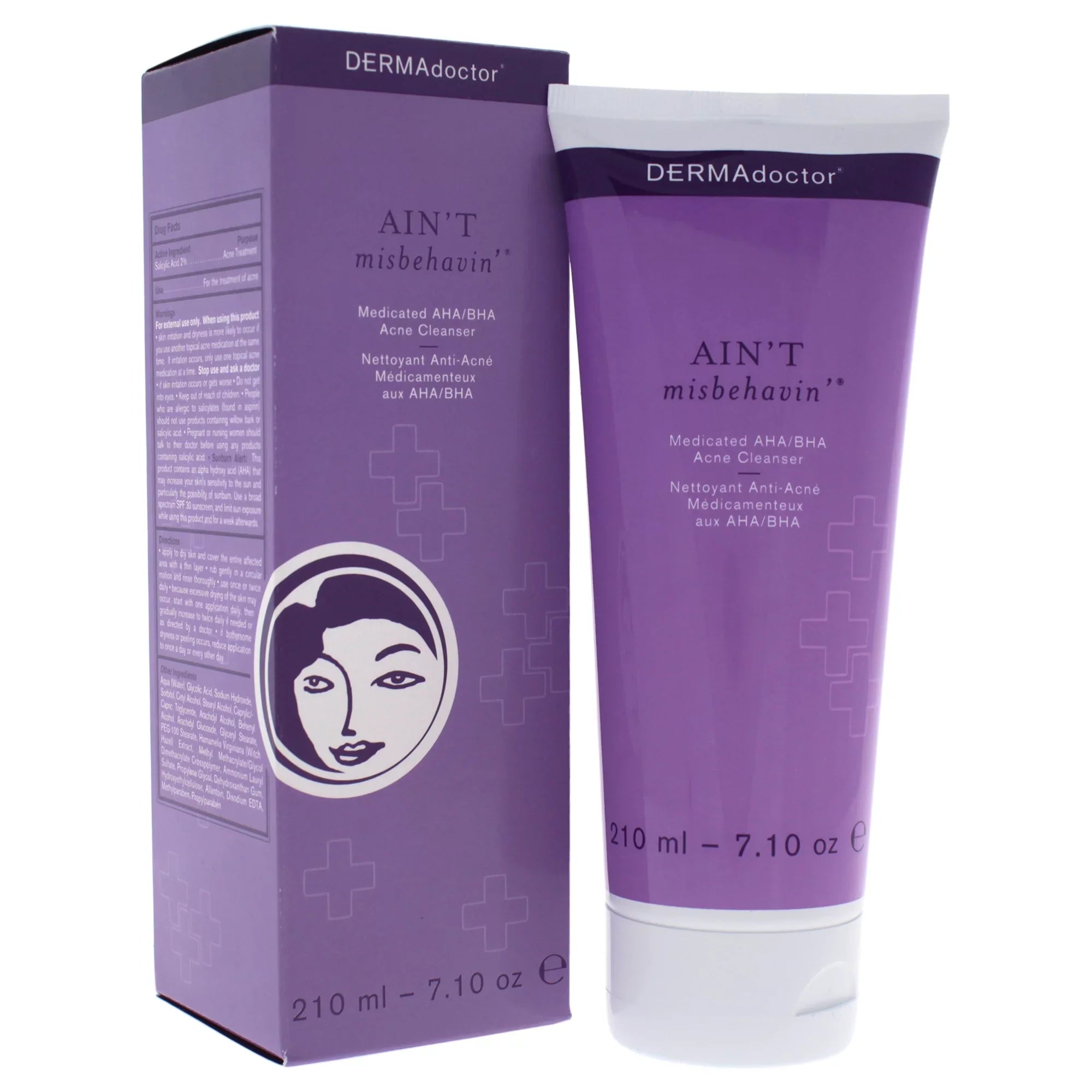 DERMAdoctor Aint Misbehavin Medicated AHA/BHA Acne Cleanser, Face Wash for Acne Prone Skin, 7.1 Oz