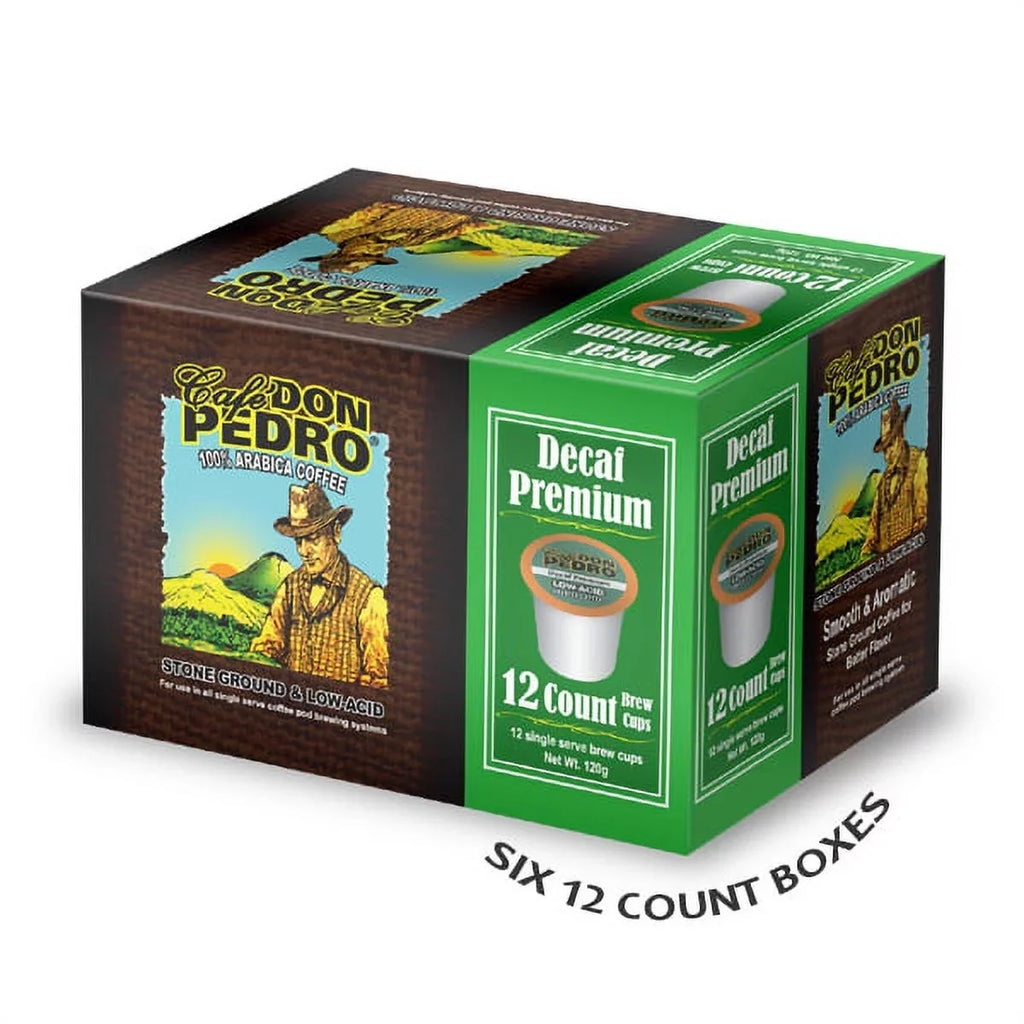 Cafe Don Pedro Decaf Premium Low Acid Coffee Pods - Enjoy Tasty Coffee Without Jitters - Compatible with Keurig K-cup Coffee Maker, 100% Arabica, Battles Heartburn, Acidic Reflux, 72 count