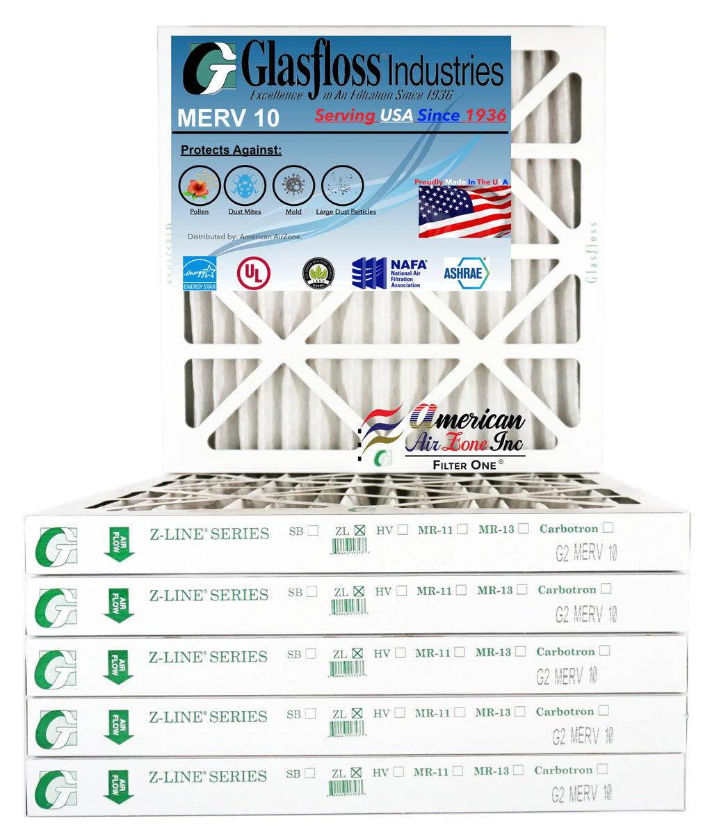 Glasfloss Air Filter 20x22x2 - 2" MERV 10 - (Pack of 6) - Pleated AC or HVAC Air Filter - Furnace Air Filter - Home or Office - Made In The USA.