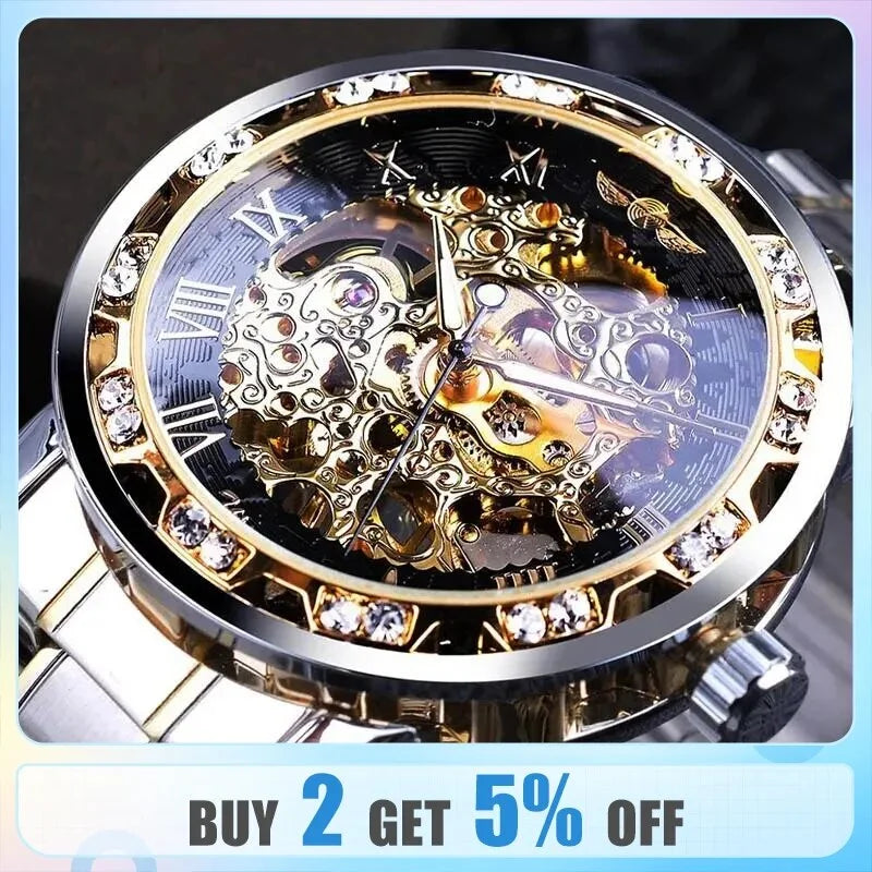 Men Mechanical Skeleton Wrist Watch 1pc Silver Exquisite Diamond Gear Movement Business Luxury Gift Gold White