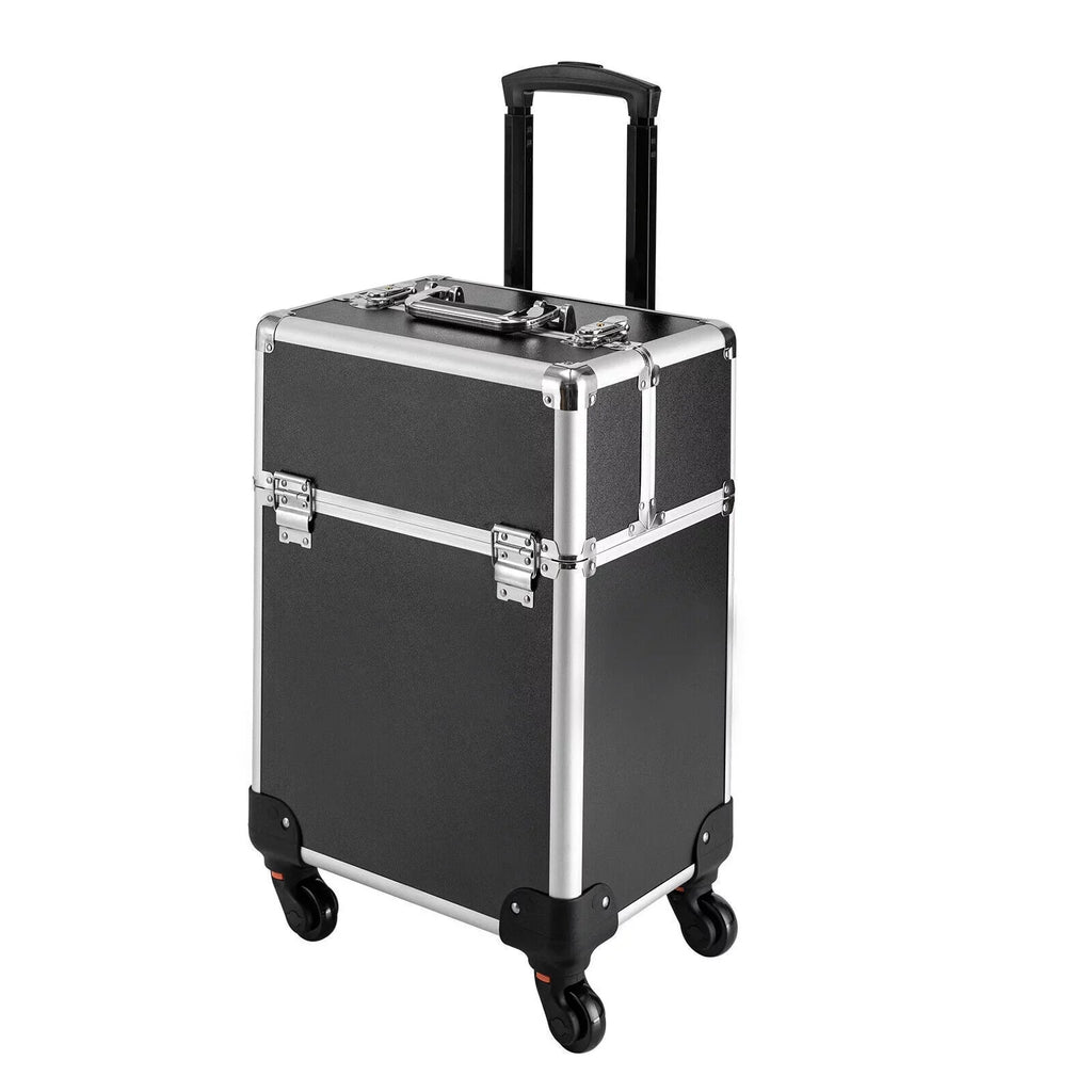Rolling Lockable Makeup Train Case Hairdresser Trolley, Stylist Beauty Nail Salon Barber Case Cosmetic Luggage Travel Trunk Cart Organizer Tool Box with Swivel Wheels (Black)