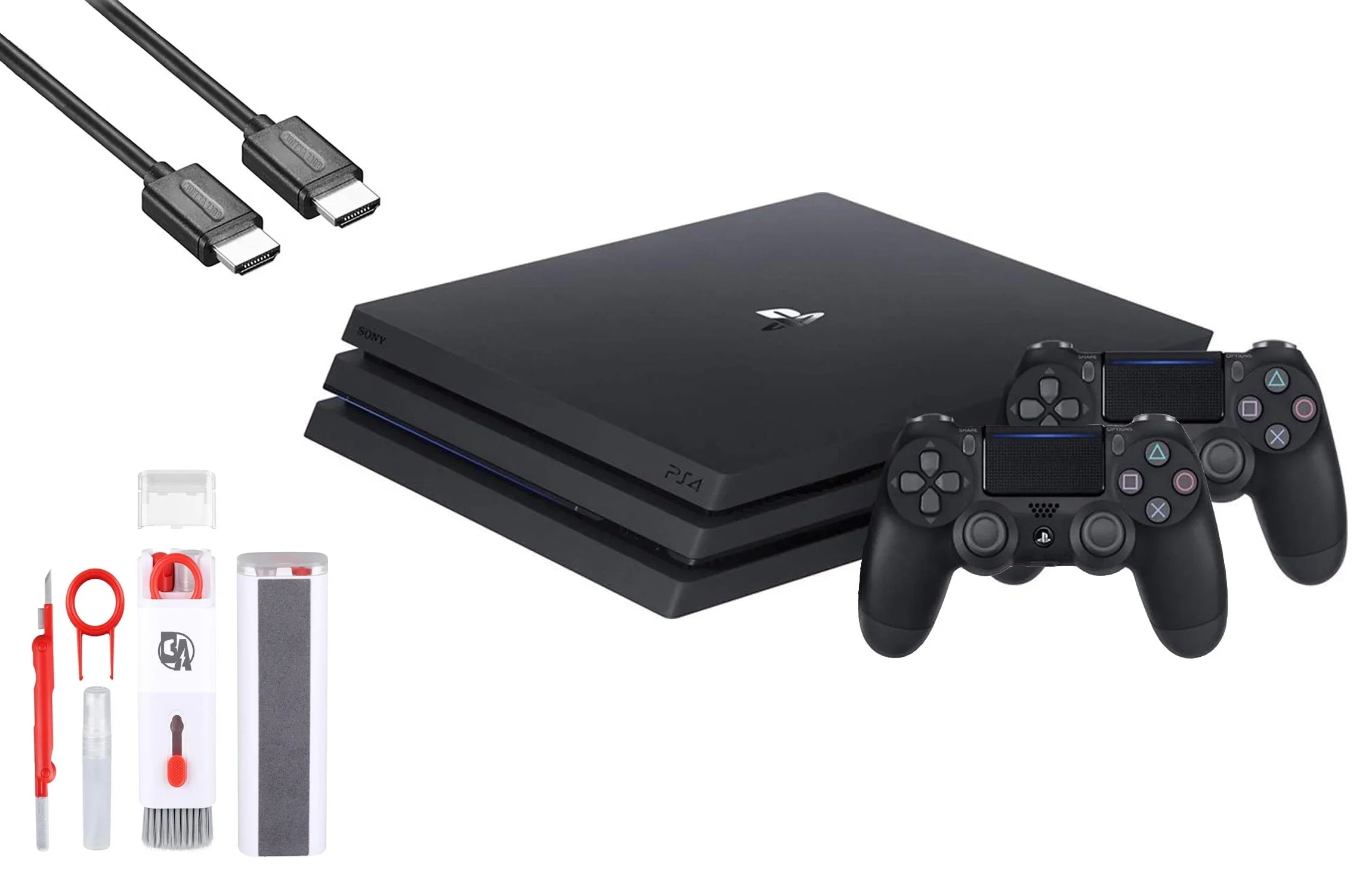 PlayStation 4 Pro 1TB Gaming Console Black HDMI Cable 2 Controller With BOLT AXTION Cleaning Kit Bundle Like New