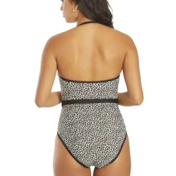 Michael Kors Women's Logo Belt Printed Bandeau One Piece Swimsuit Black Size 8