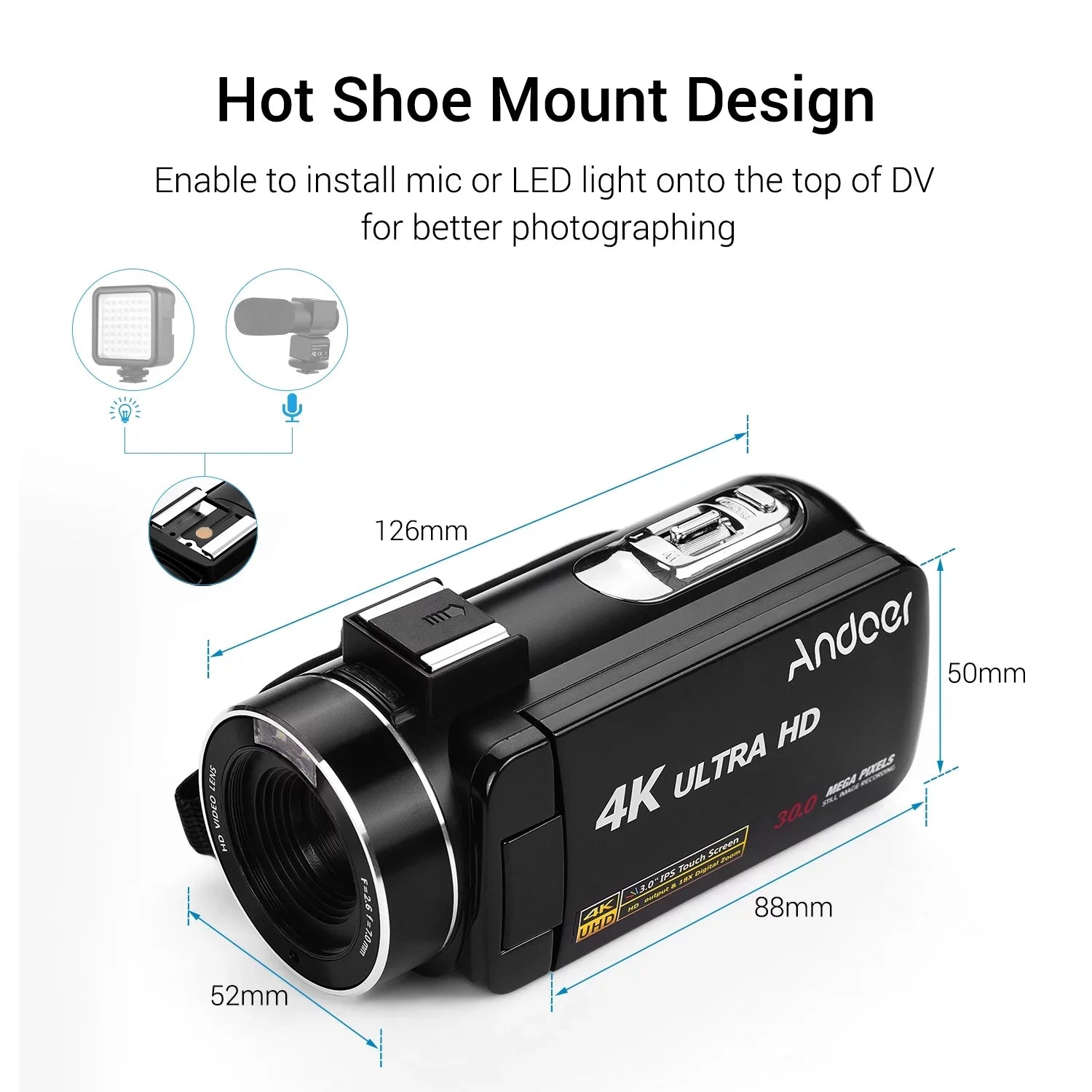 Andoer 4K Handheld DV Professional Digital Video CMOS Sensor Camcorder with Hot Shoe for Mounting Microphone 3.0 Inch IPS Monitor Burst -Shaking Function