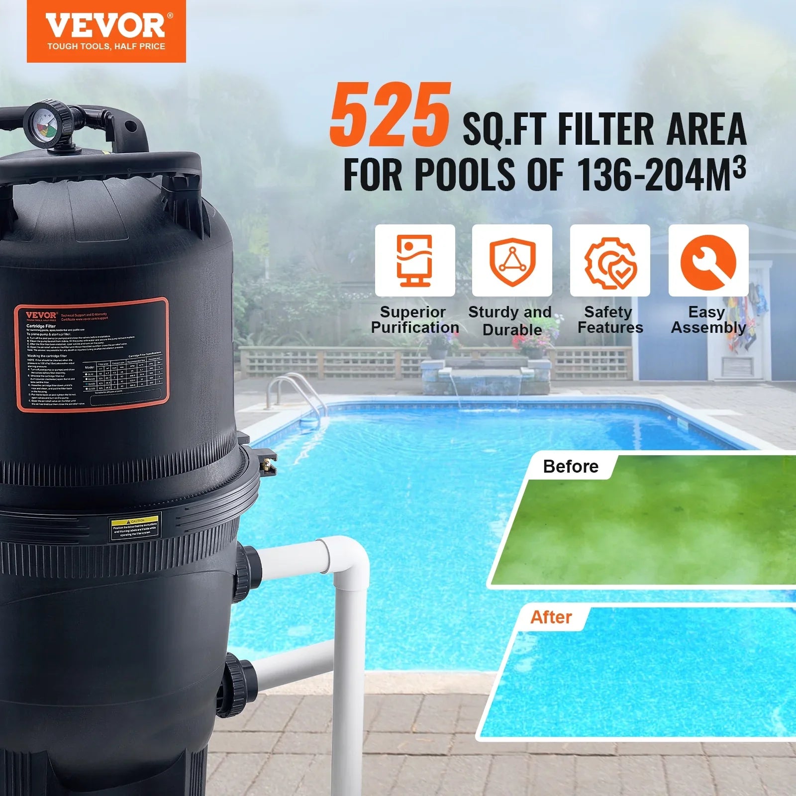 SKYSHALO 525Sq.Ft Pool Cartridge Filter In/Above Ground Swimming Pool Filtration