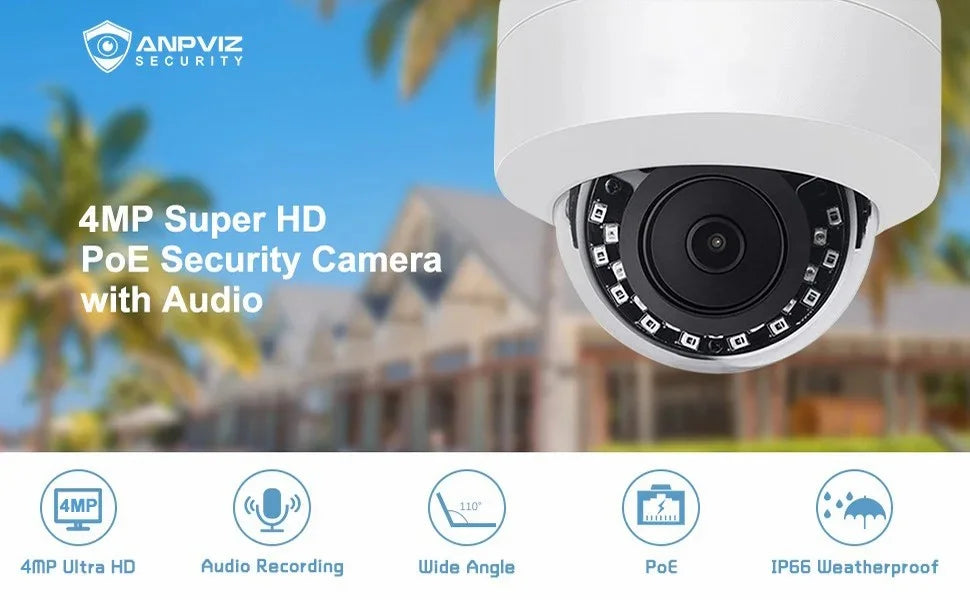 Anpviz 4MP IP Camera Outdoor Fixed 2.8mm lens Security camera Built-in Mic Waterproof IP66 H.265 P2P WDR IR Night vision Onvif