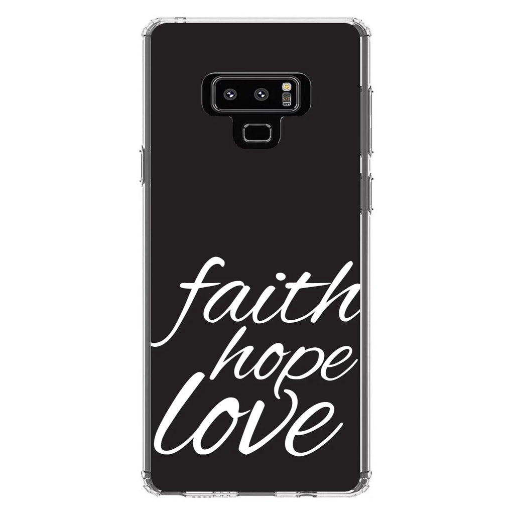 DistinctInk Clear Shockproof Hybrid Case for  Galaxy Note 9 - TPU Bumper, Acrylic Back, Tempered Glass Screen Protector - Faith / Hope / Love - Black & White - Christ