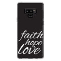 DistinctInk Clear Shockproof Hybrid Case for  Galaxy Note 9 - TPU Bumper, Acrylic Back, Tempered Glass Screen Protector - Faith / Hope / Love - Black & White - Christ