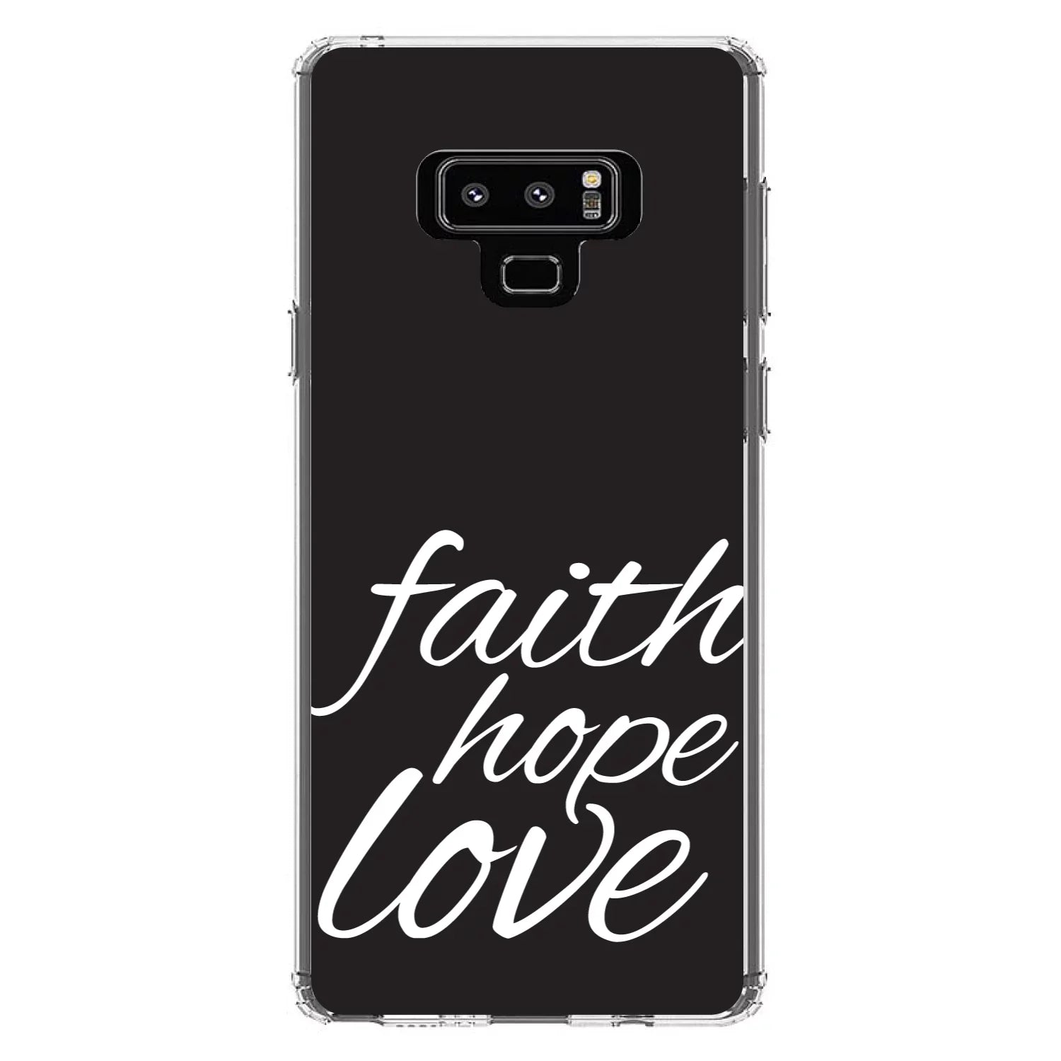 DistinctInk Clear Shockproof Hybrid Case for  Galaxy Note 9 - TPU Bumper, Acrylic Back, Tempered Glass Screen Protector - Faith / Hope / Love - Black & White - Christ