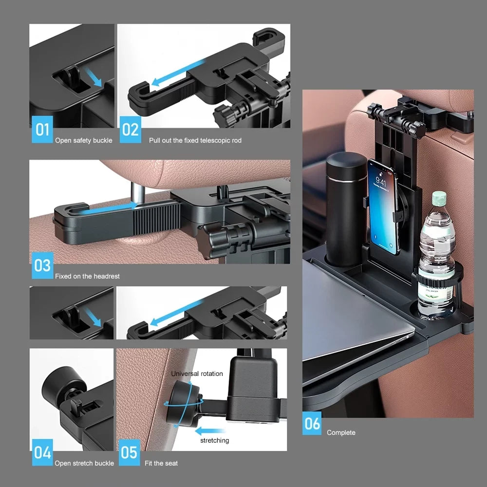 Dcenta Adjustable Car Seat Travel Table Multifunctional Foldable Car Back Seat Food Tray, Car Table with Phone Holder for Working, Writing, Eating Black
