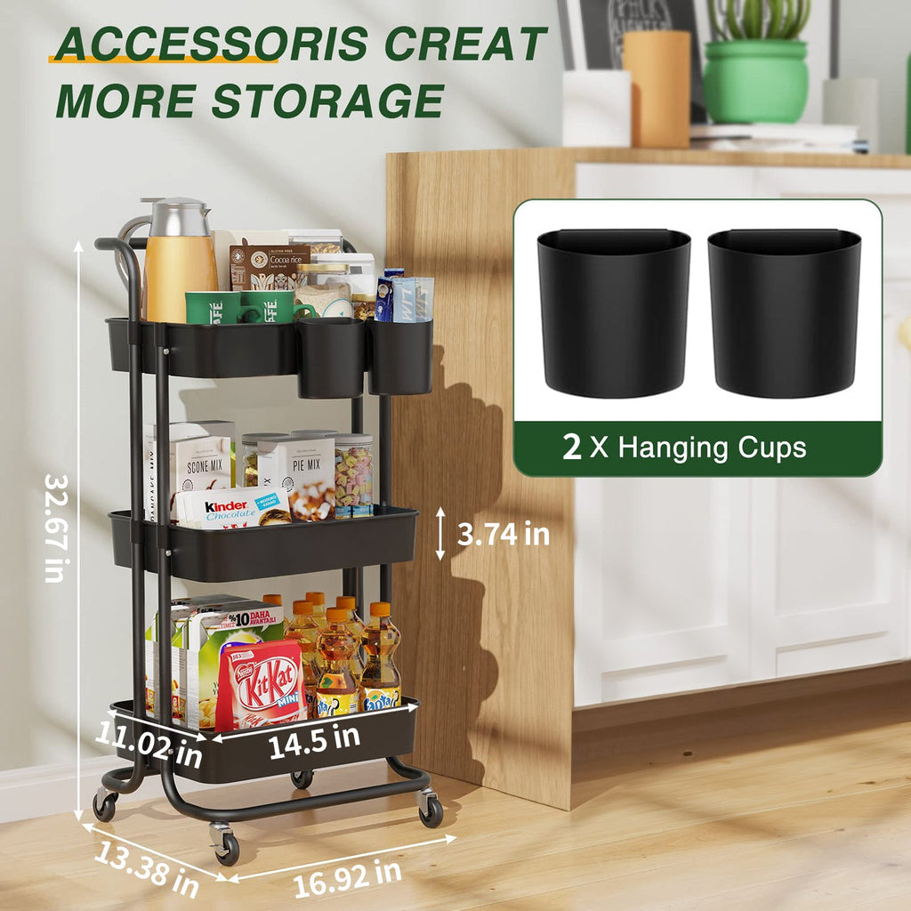 Annvchi  Utility Rolling Cart with Wheels3-Tier, Multi-Functional Storage Trolley, Storage Organizer Cart,  with Handle Multifunctional Storage Shelves for Kitchen Living Room Office Black