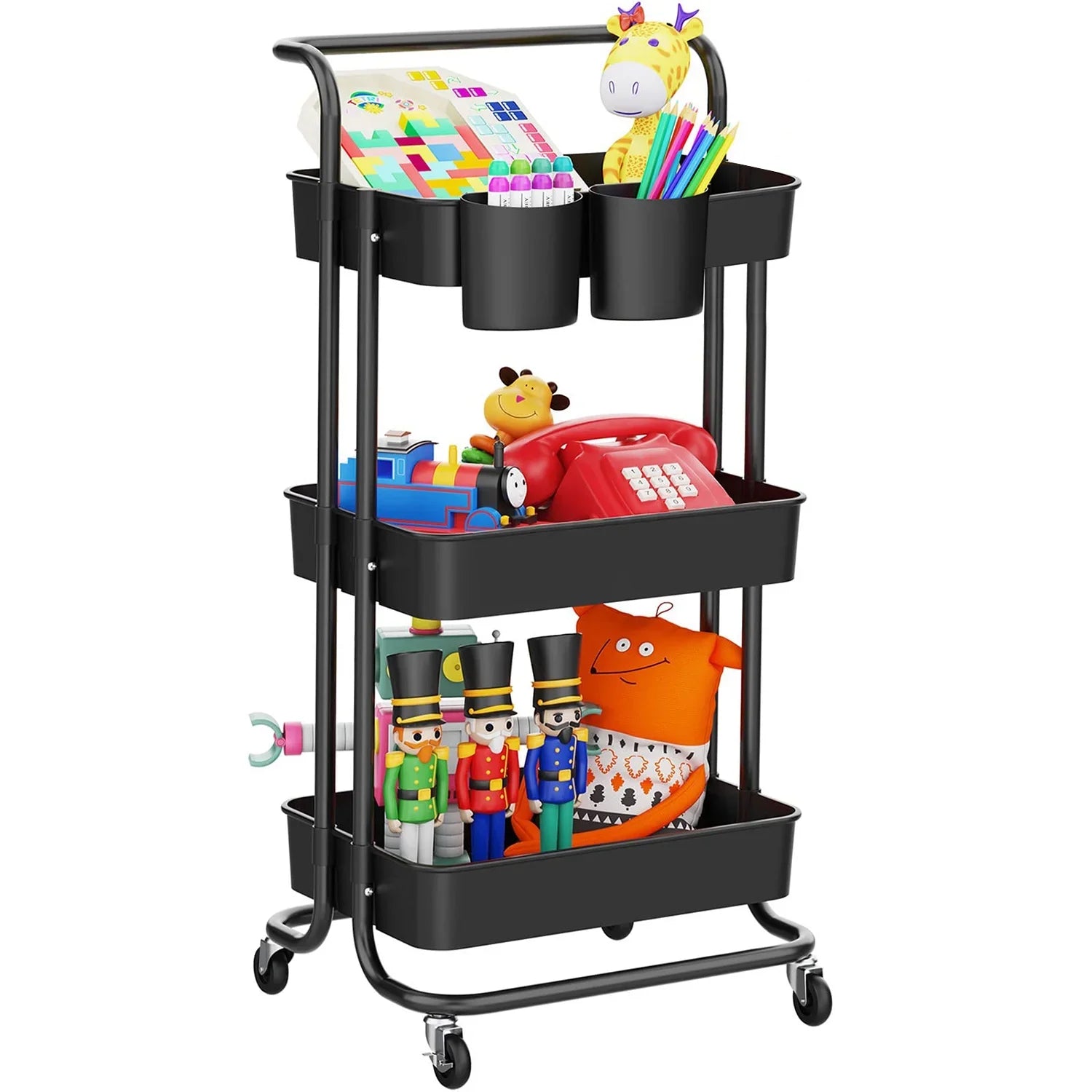 Annvchi  Utility Rolling Cart with Wheels3-Tier, Multi-Functional Storage Trolley, Storage Organizer Cart,  with Handle Multifunctional Storage Shelves for Kitchen Living Room Office Black