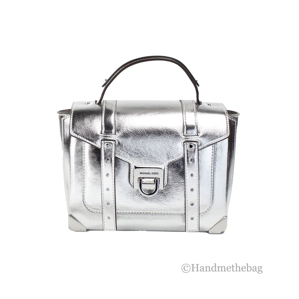 Michael Kors Manhattan Medium Silver Leather Top Handle Satchel Bag