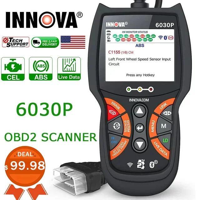 INNOVA 6030P OBD2 Scanner Check Engine ABS Code Reader Automotive Diagnostic Scan Tool 12V Battery Alternator Test Full OBDII Modes for EOBD OBD Car Scanner Automotive Scanner Analyzer Turn off MIL