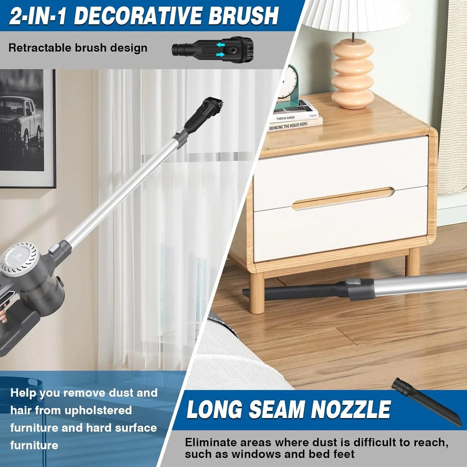 Household Cordless Vacuum Cleaner, 4 in1 Cordless Stick Vacuum Cleaner with 22000Pa Suction, 2.0Ah Battery Max 35Mins Runtime, Lightweight Quiet Vacuum for Hardwood Floor Carpet Pet Hair