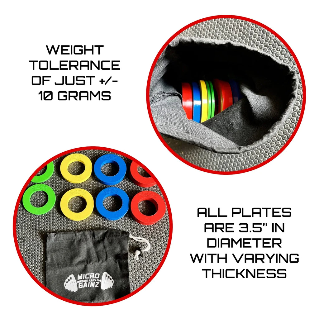 Micro Gainz Multi-Color Calibrated Fractional Weight PLatitudee Set of .25LB-.50LB-.75LB-1LB PLatitudees (8 PLatitudee Set) w/ Bag- For Olympic Barbells, Made in USA