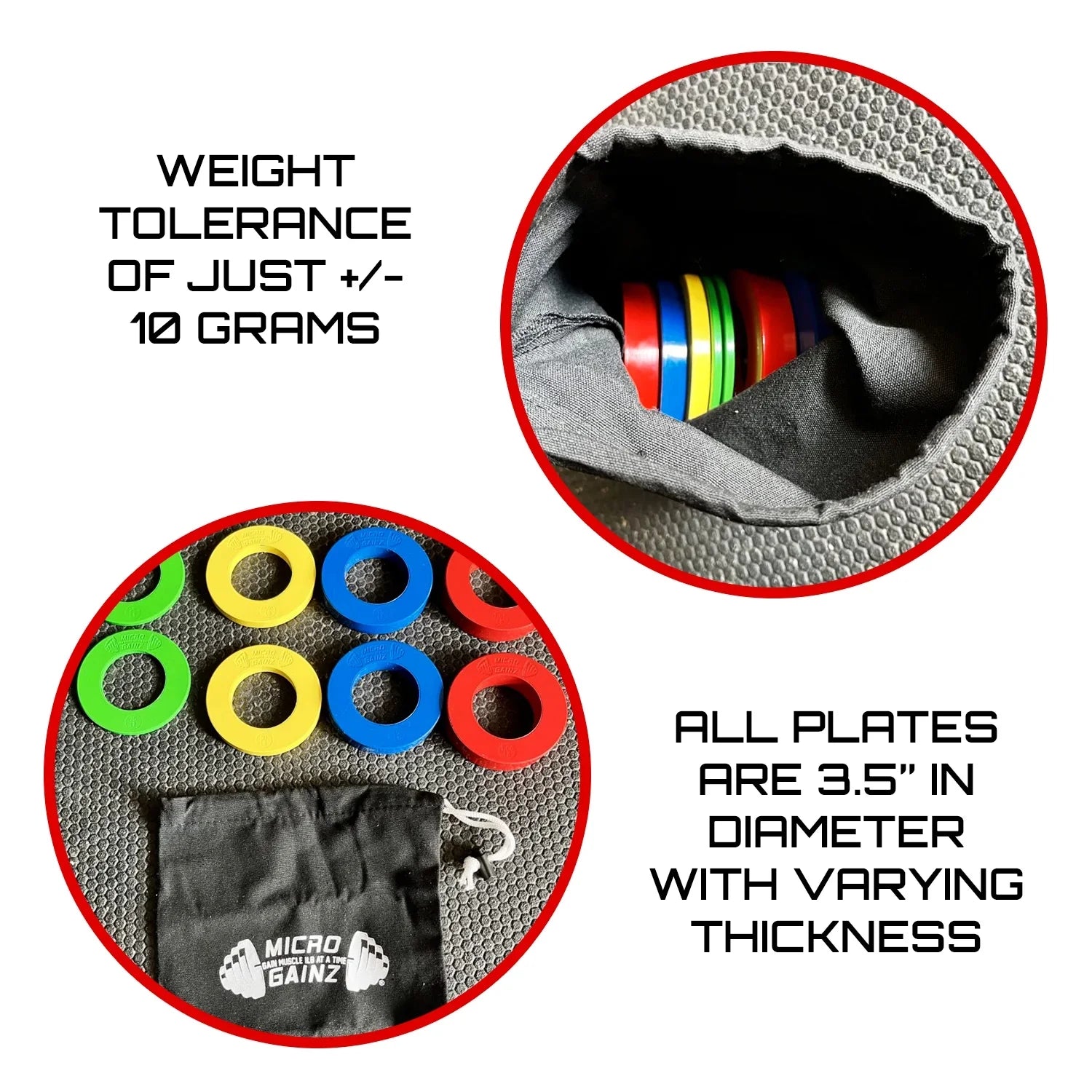 Micro Gainz Multi-Color Calibrated Fractional Weight PLatitudee Set of .25LB-.50LB-.75LB-1LB PLatitudees (8 PLatitudee Set) w/ Bag- For Olympic Barbells, Made in USA