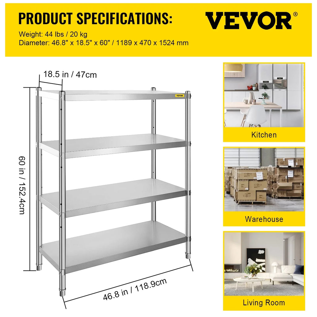 VEVORbrand 4-Tier Shelf Stainless Steel Shelving 330LB Capacity per Shelf Commercial Standing Shelf Unit  for Kitchen, Office, Garage Storage