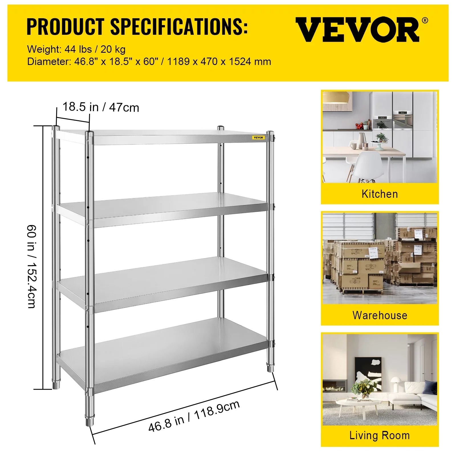 VEVORbrand 4-Tier Shelf Stainless Steel Shelving 330LB Capacity per Shelf Commercial Standing Shelf Unit  for Kitchen, Office, Garage Storage