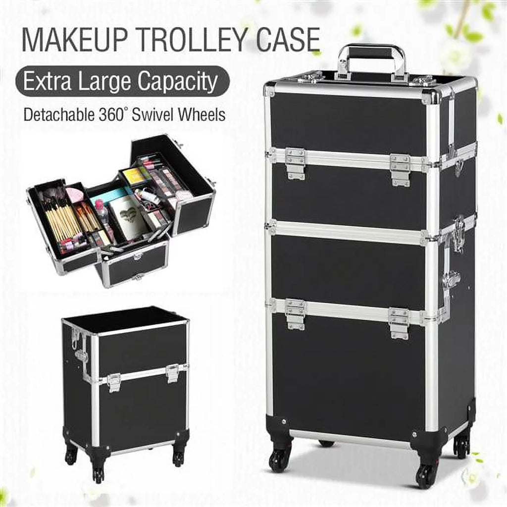Easyfashion 3-in-1 Rolling Professional Cosmetic Makeup Case, Black