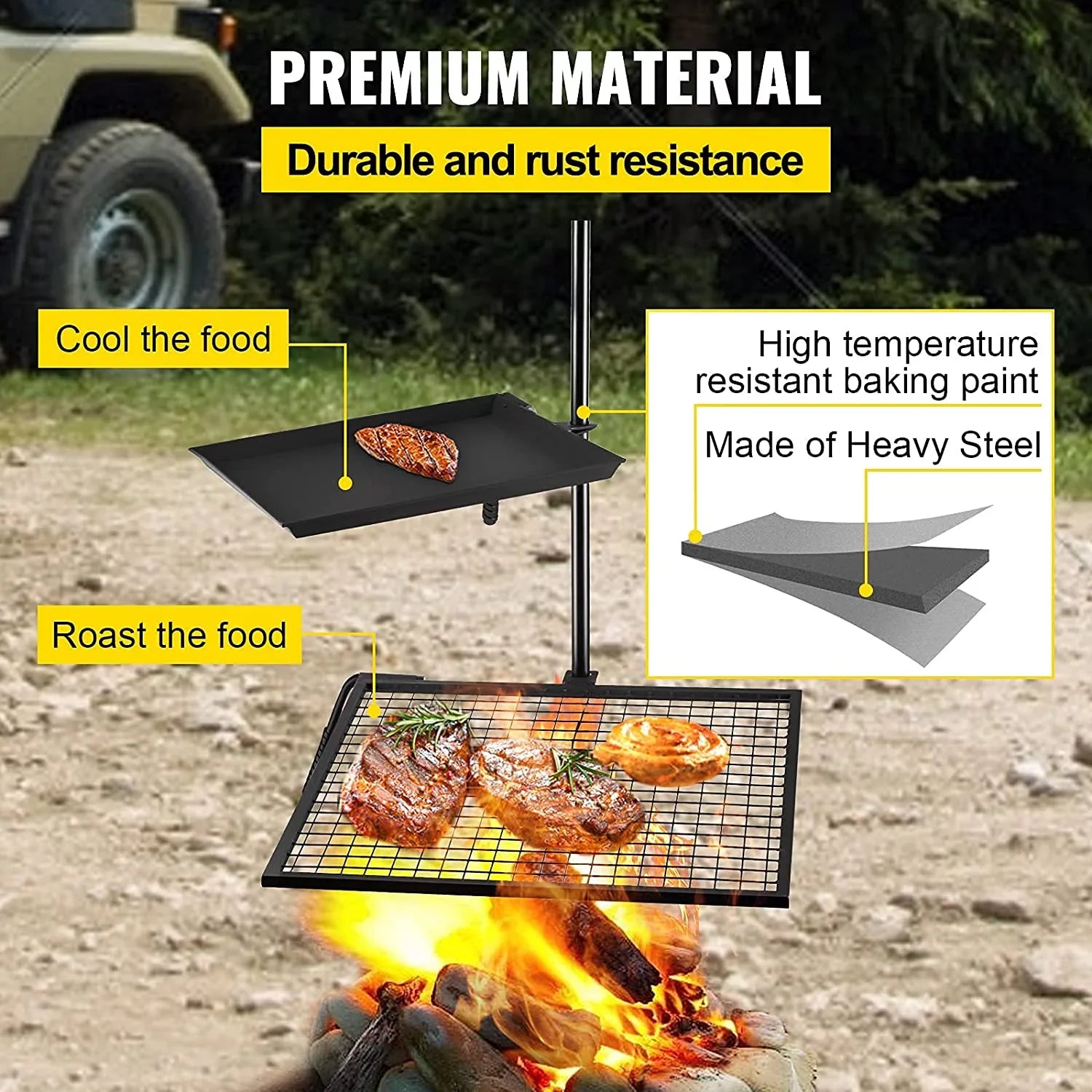 Campfire Grill Grate,Double Layer Fire Pit Grill Grate Over Fire Pit,Three Section Height Adjustable Grill Grate for Outdoor Open Flame Cooking