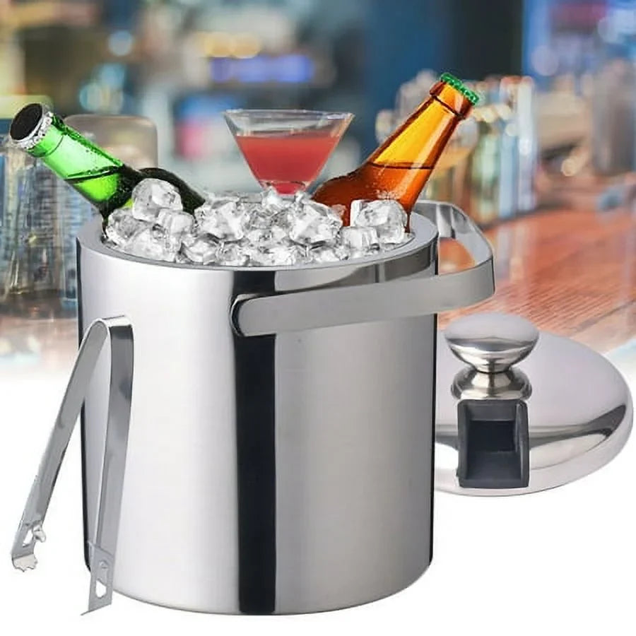 Double-Wall Stainless-Steel InsuLatitudeed Ice Bucket With Lid & Ice Tong 1300 ML