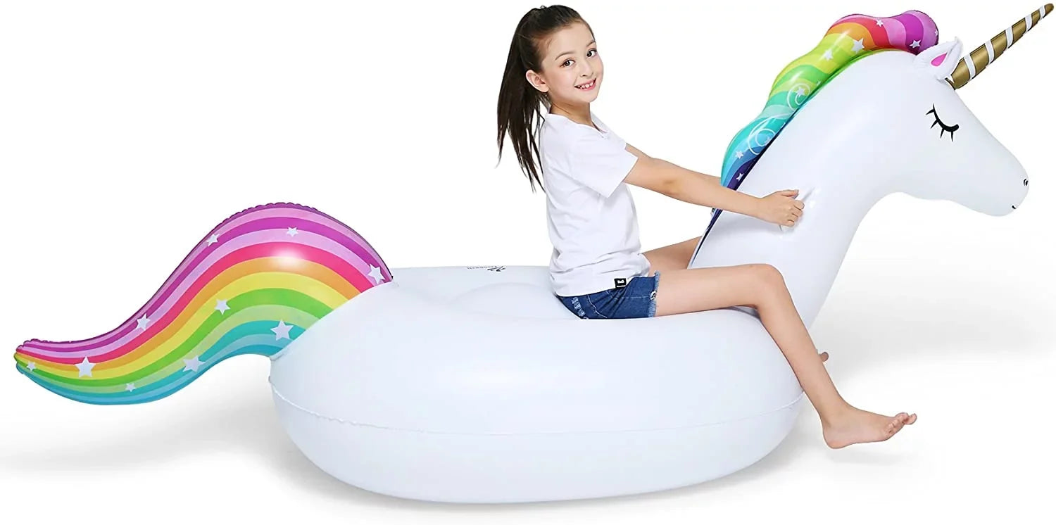 Big InfLatitudeable Unicorn Pool Float Floatie Ride On with Fast Valves Large Rideable Blow Up Summer Beach Swimming Pool Party Lounge Raft Decorations Toys Kids Adults