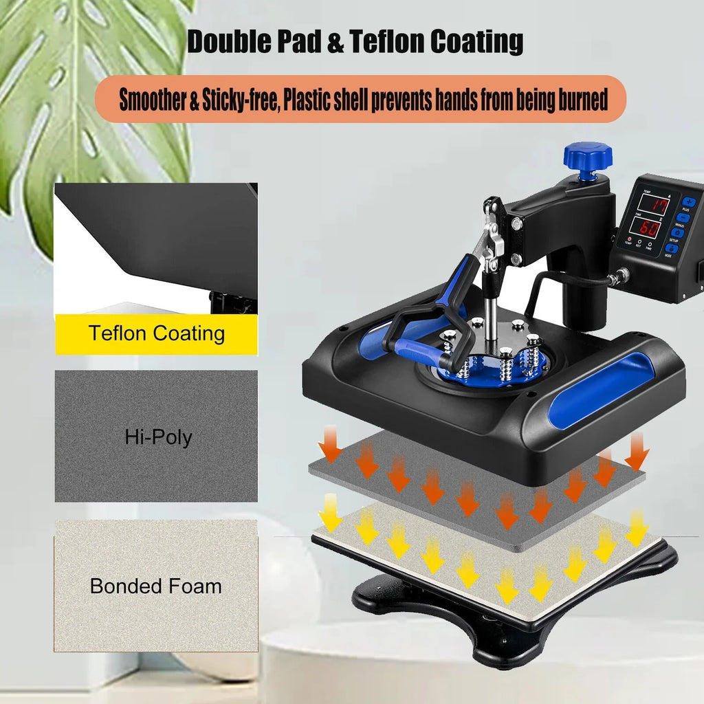 Blue Heat Press Machine 8 in 1, 12 x 15 Inches Sublimation Transfer Printer, Digital Precise LCD Control Printing, 360 Swing Away Vinyl Transfer Printer for T-Shirts, Canvas Bag, Pillow, Banner