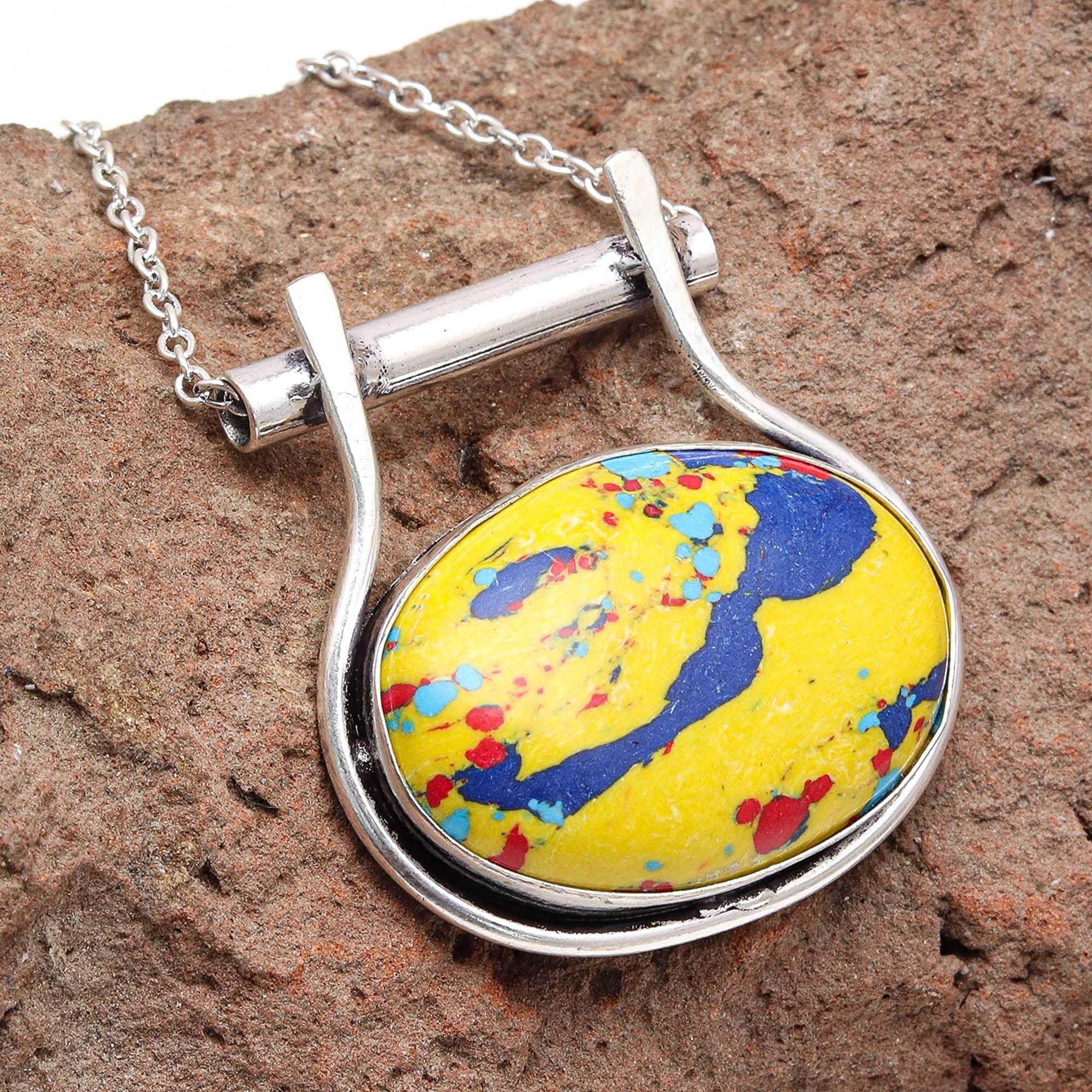Mosaic Jasper Gemstone Mother's Day Handmade 925 Silver Jewelry Necklace 20 in
