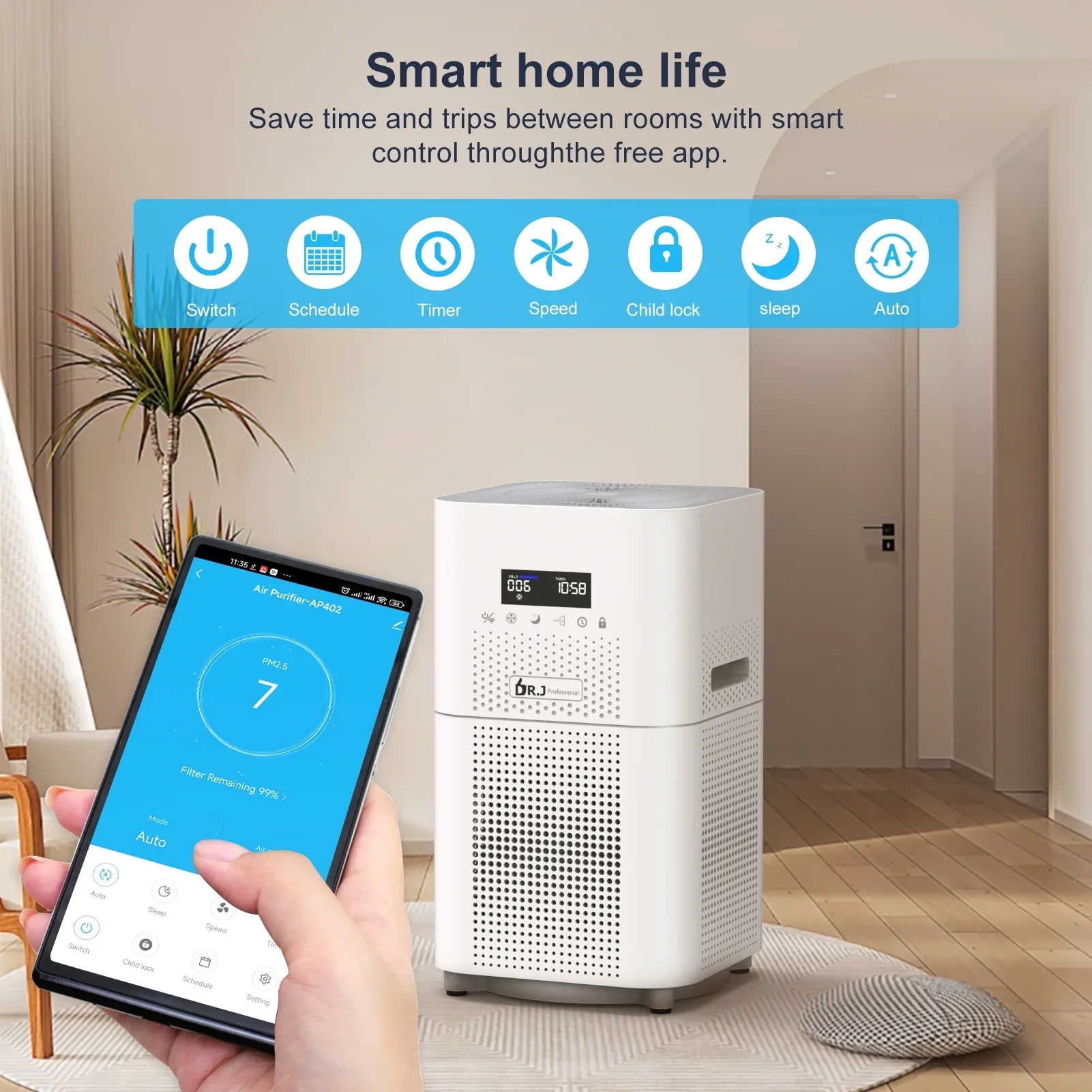WiFi Air Purifier for Large Rooms, 1800 sq. ft H13 True HEPA Filter with Remote Control for Allergies Pets Smoke Dust