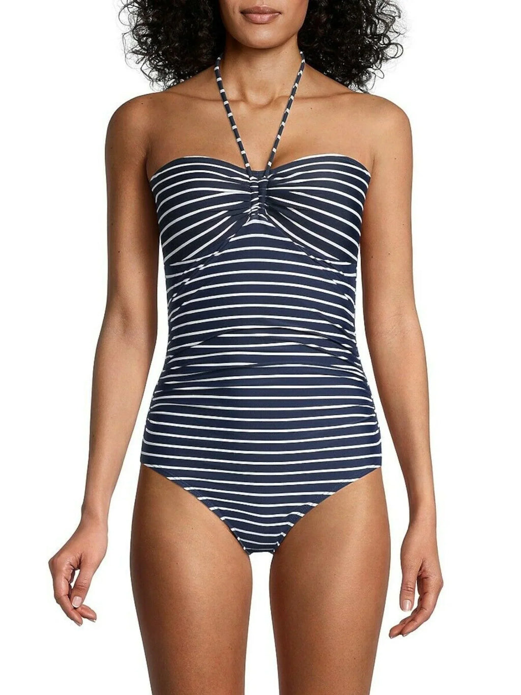 TOMMY HILFIGER Women's Navy Striped Stretch Tie Bandeau Neck Lined Moderate Coverage Molded Cup One Piece Swimsuit 4