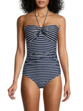 TOMMY HILFIGER Women's Navy Striped Stretch Tie Bandeau Neck Lined Moderate Coverage Molded Cup One Piece Swimsuit 4