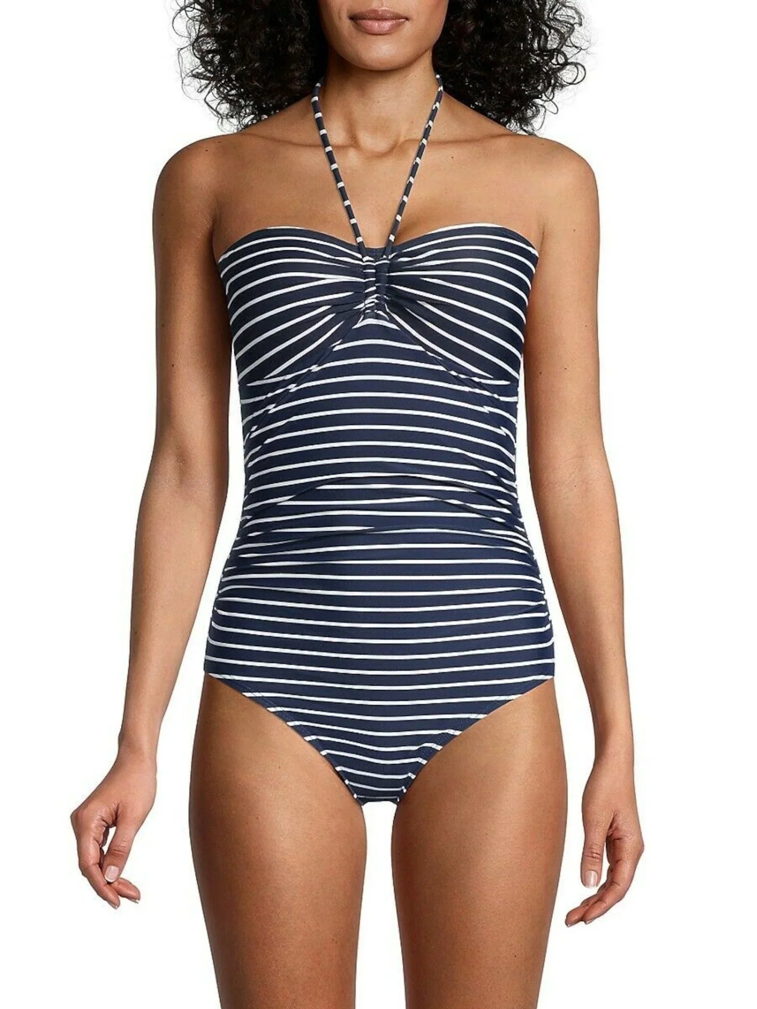 TOMMY HILFIGER Women's Navy Striped Stretch Tie Bandeau Neck Lined Moderate Coverage Molded Cup One Piece Swimsuit 4