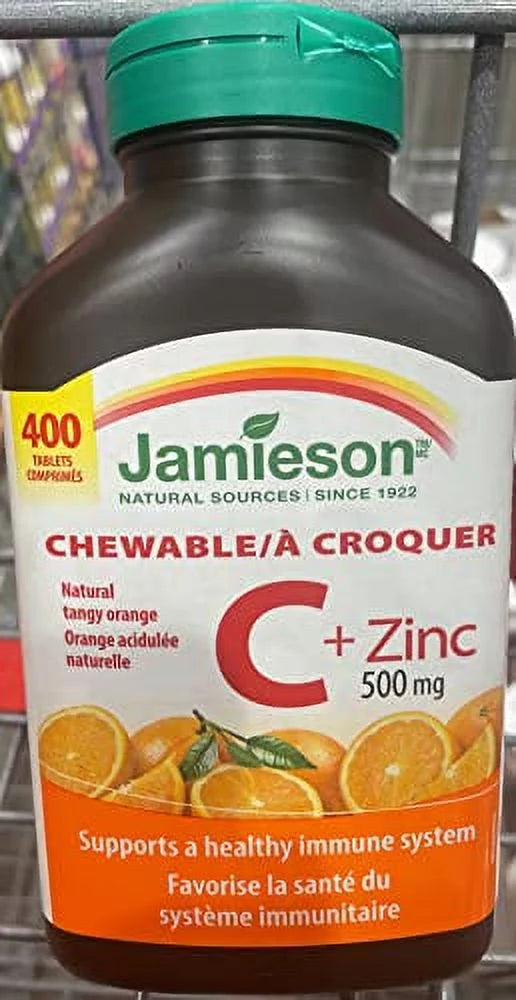 Jamieson Chewable Vitamin C + Zinc 500mg, Natural Tangy Orange, 400 Tablets