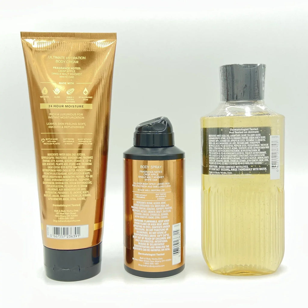 Bath and Body Works Whiskey Reserve Men's Body Cream, Body Spray and Shower Gel 3-Piece Bundle