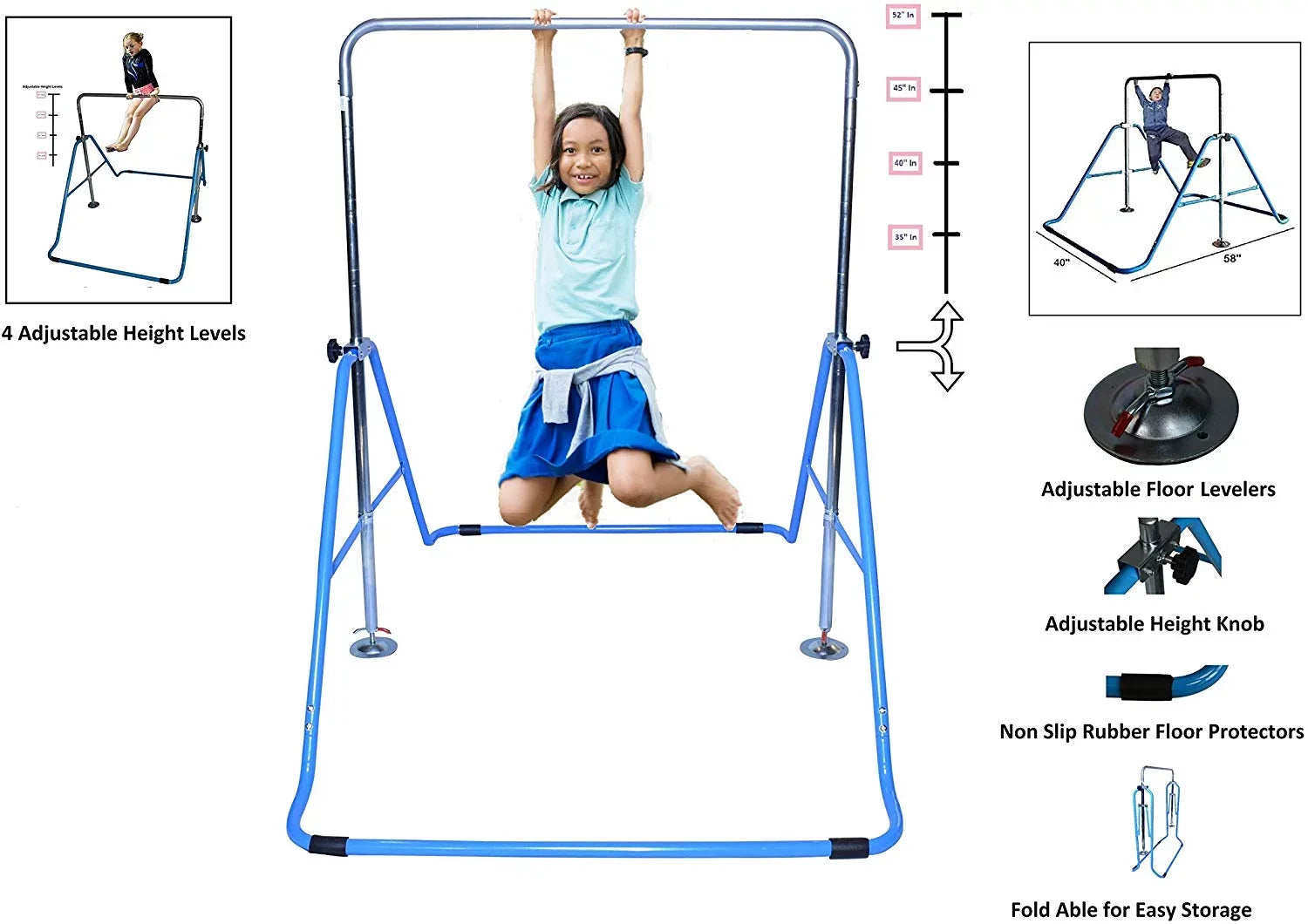 Expandable Gymnastics Kip Bar Gymnastic Training Kip Bar Adjustable Height Horizontal Bar Monkey Bars Folding Climbing Tower Fitness for Kids with Mat Blue