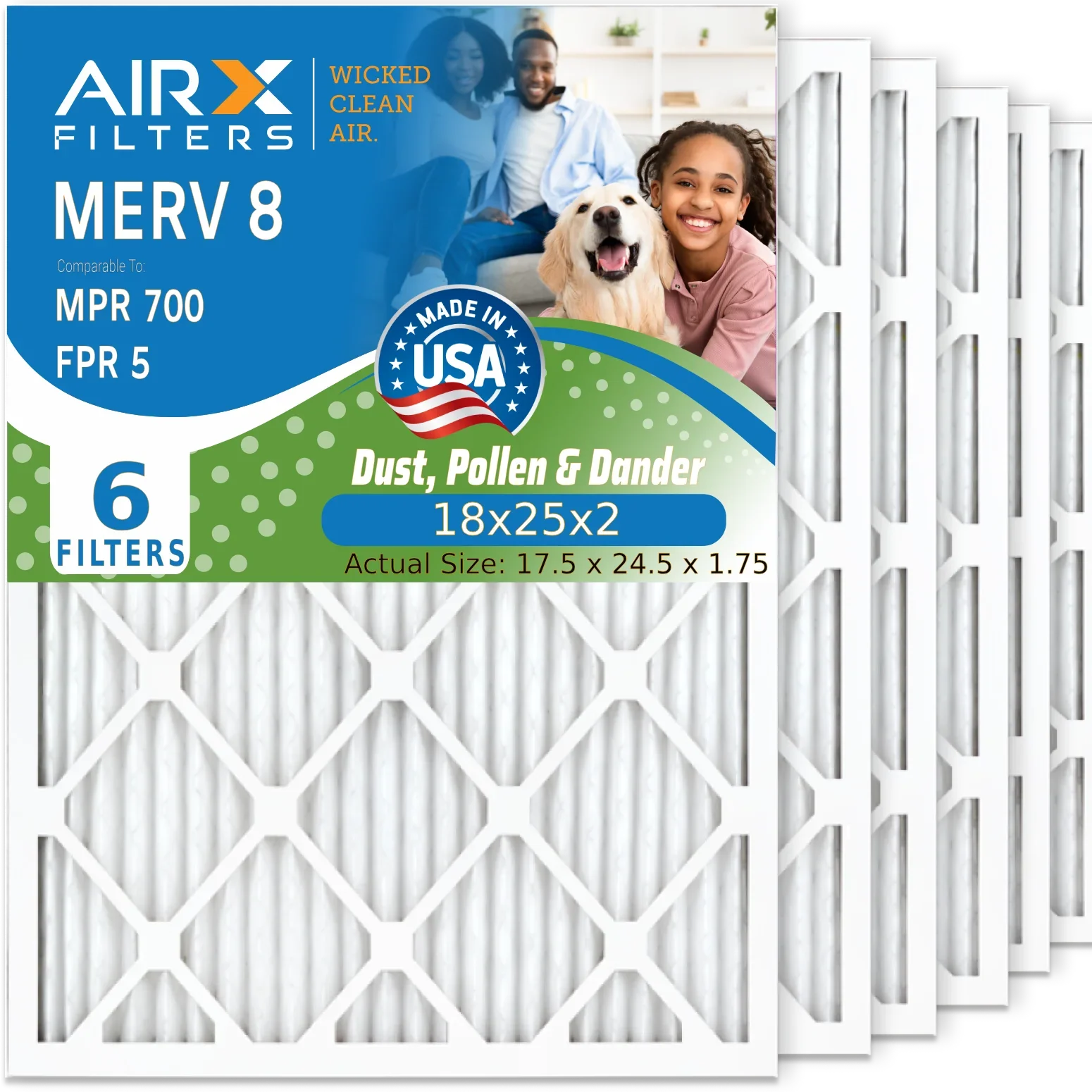 18x25x2 Air Filter MERV 8 Comparable to MPR 700 & FPR 5 Electrostatic Pleated Air Conditioner Filter 6 Pack HVAC AC Premium USA Made 18x25x2 Furnace Filters by AIRX FILTERS WICKED CLEAN AIR.