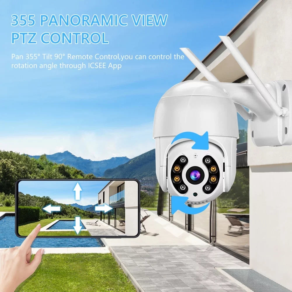 Htovila Outdoor WiFi PTZ Camera, 2MP Wireless WiFi IP Camera Home System with 360° View, Color Night Vision, 2-Way Audio, Motion Detection, Activity Alert, Remote Access, IP66 Waterproof