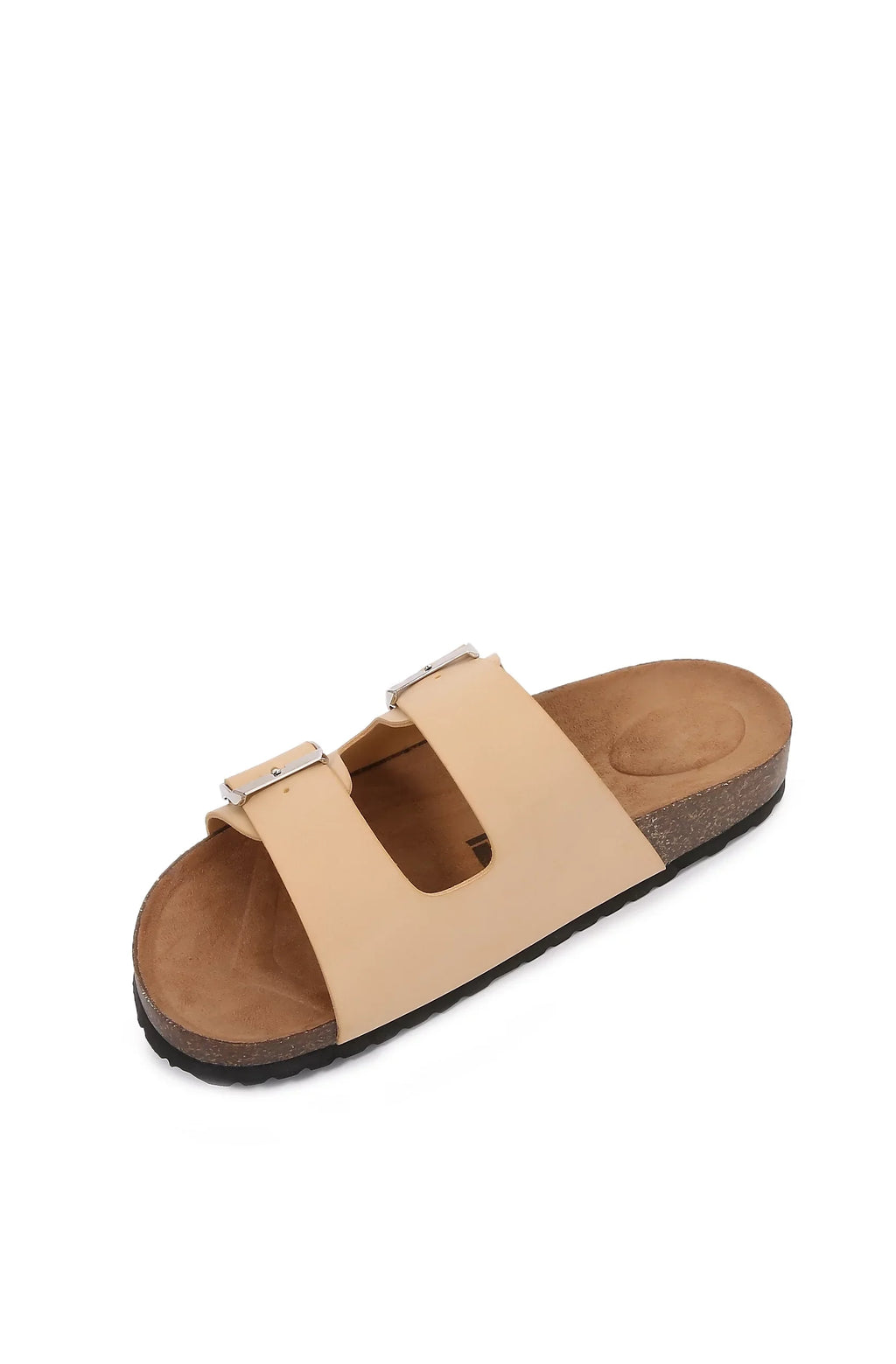 Women Soft Cork Cushioned Footbed PU Leather Double Strap Slider Sandal (PU Apricot/ 6)
