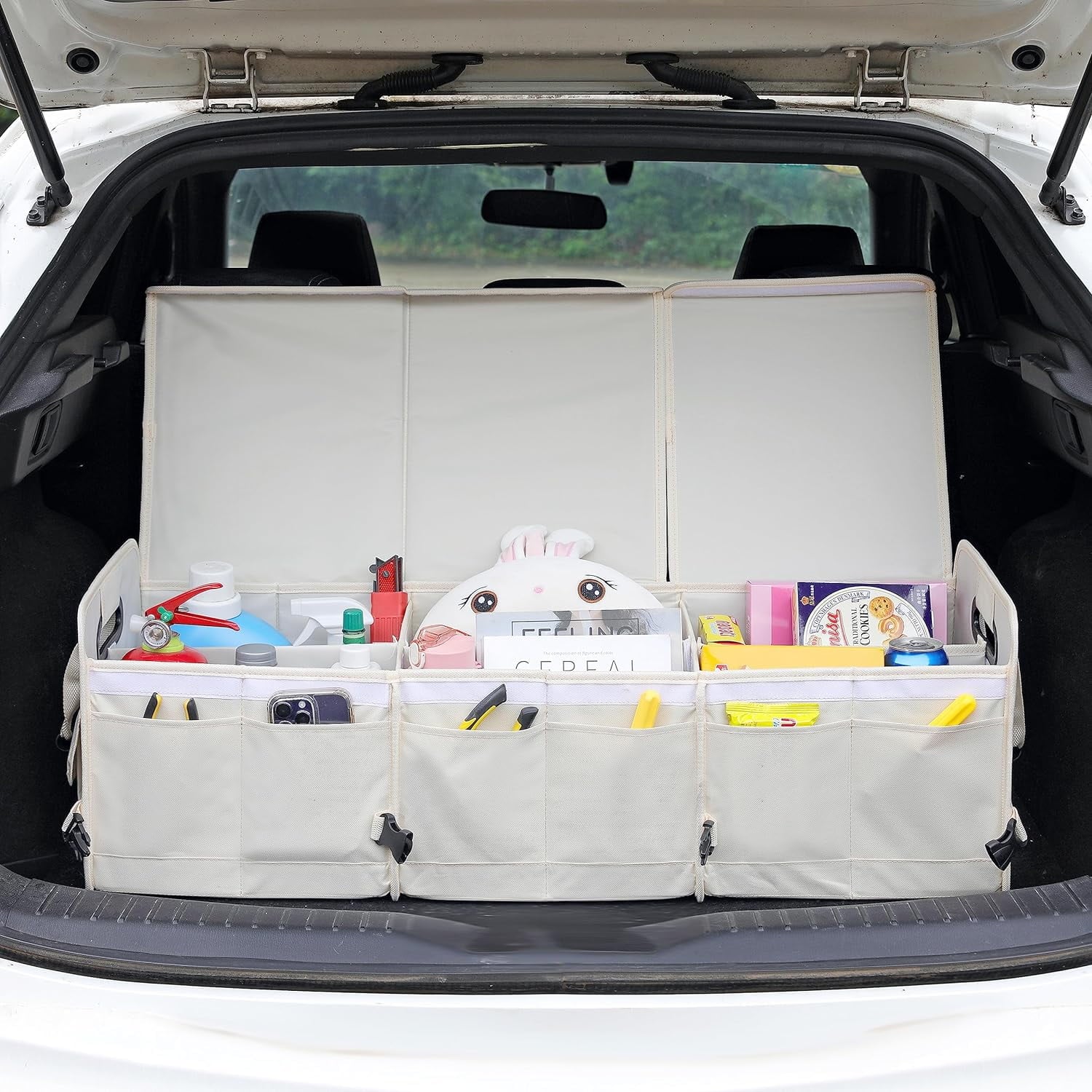 Glamor D Car Trunk Organizer with Lid Car Storage Organizer Collapsible Multi Compartment Adjustable Straps Car Organizer for SUV, Truck, Sedan(Beige)