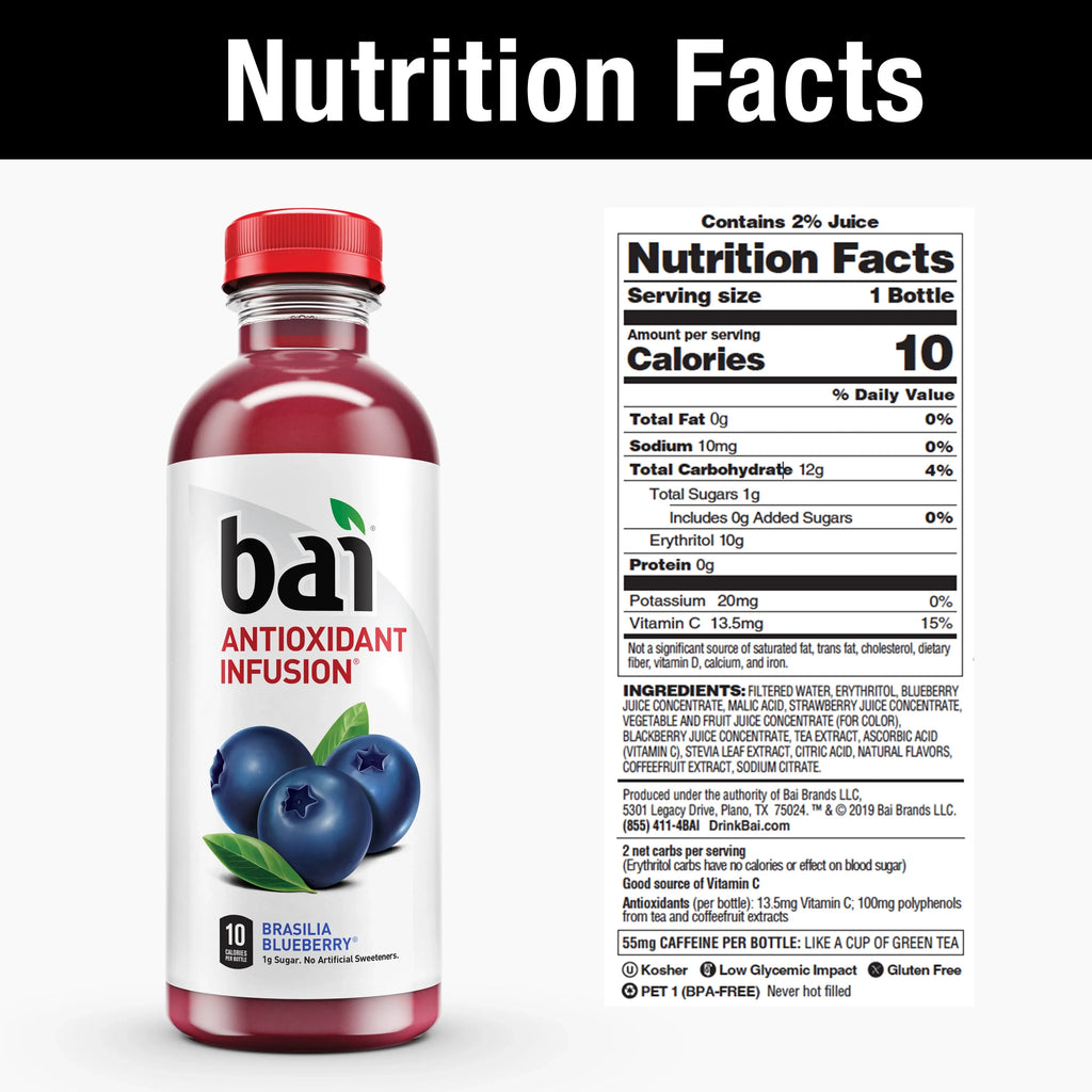 Bai Gluten-Free, Brasilia Blueberry, Antioxidant Infpre-owned Drink, 18 Fl Oz, 12 Pack Bottles