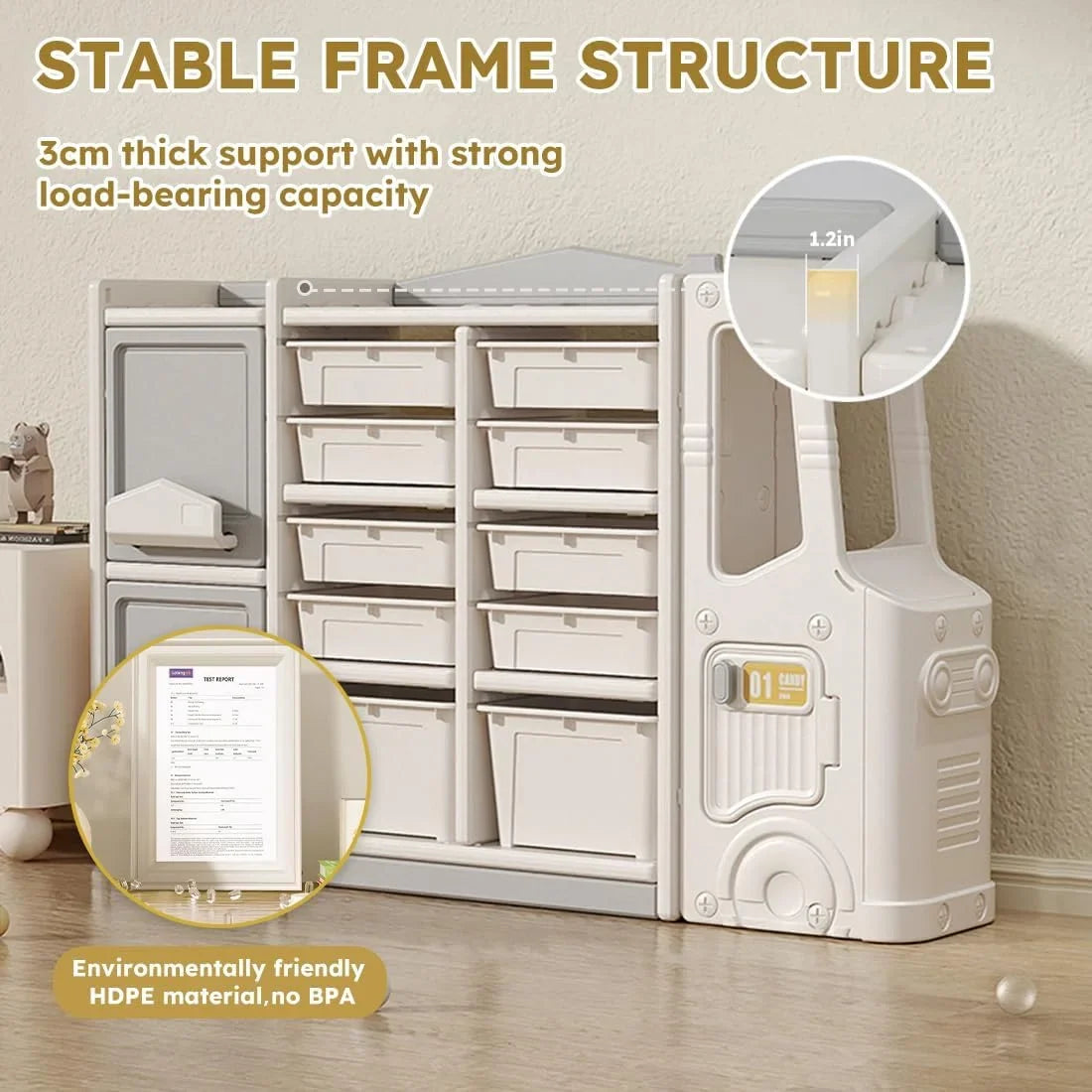 RUNFAYBIU Toy Organizer  Multi-Functional Bookshelf and Toy Box  Closed Cabinet and Pull-Out Drawer for Playroom  Children's Bedroom and Nursery. (10 Organizer Boxes + 2 Organizer Cab
