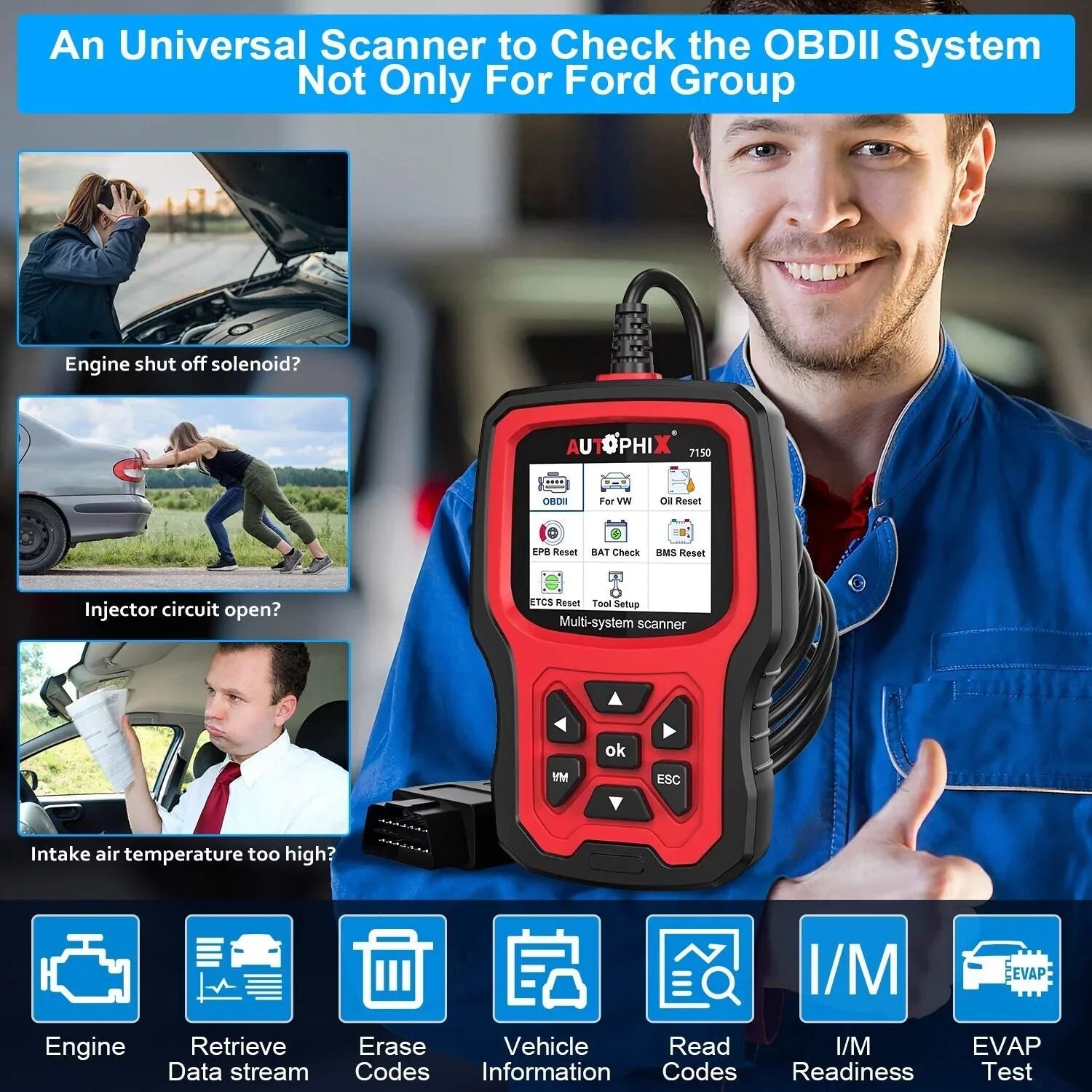 AUTOPHIX 7150 OBD2 Scanner Code Reader All Systems Automotive Diagnostic Scanner ABS Battery TPMS Reset for Ford