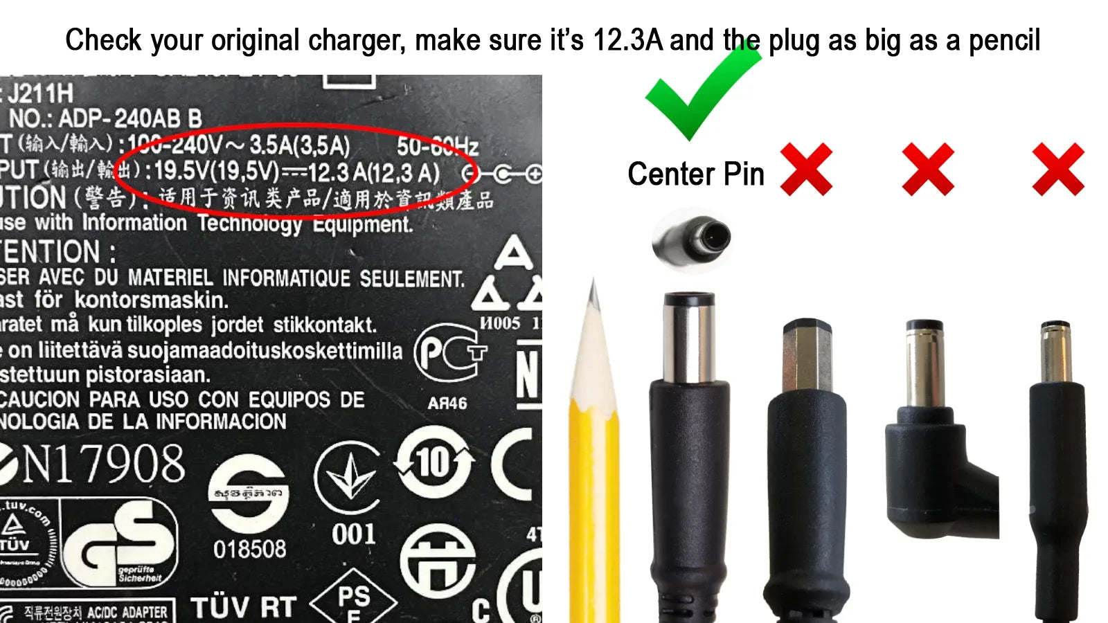 Alienware 15 R2 (P42F) 15 R3 (P69F) 15 R4 (P69F) 17 (P18E) 17 Area-51m (P38E) 17 R3 (P43F) Laptop Charger AC Adapter Power Cord 19.5V 12.3A