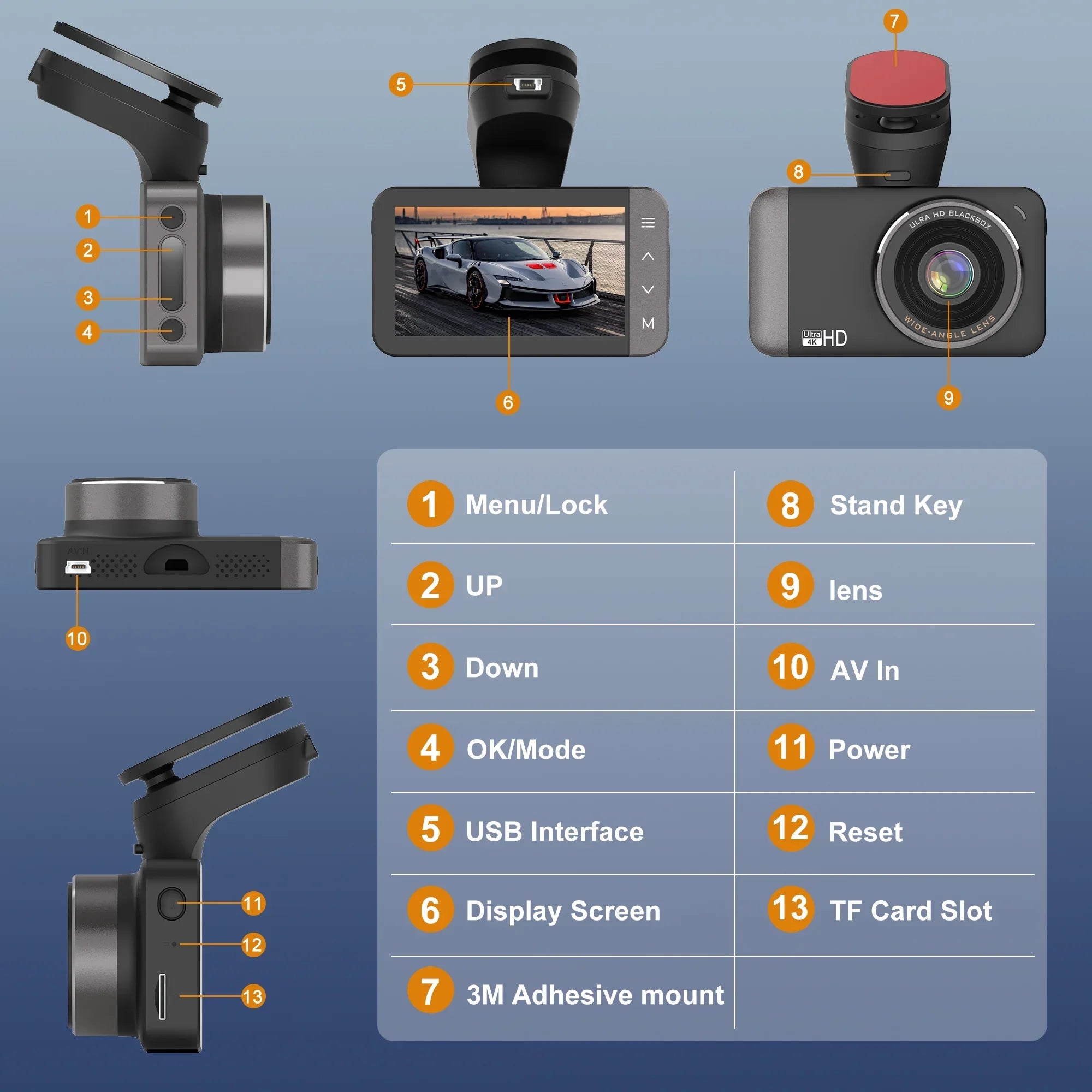 GCZ 4K Full HD Dash Cam For Car with WiFi and GPS, Front and Rear Dashcam with 3'' IPS Touchdisplay and Night Vision, G-Sensor, Loop Recording and 24H Parking Mode
