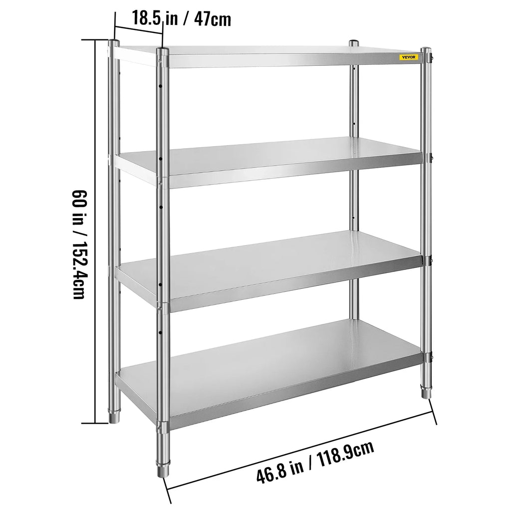 VEVORbrand 4-Tier Shelf Stainless Steel Shelving 330LB Capacity per Shelf Commercial Standing Shelf Unit  for Kitchen, Office, Garage Storage