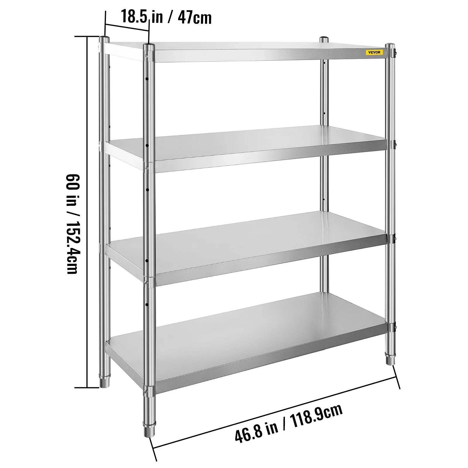 VEVORbrand 4-Tier Shelf Stainless Steel Shelving 330LB Capacity per Shelf Commercial Standing Shelf Unit  for Kitchen, Office, Garage Storage