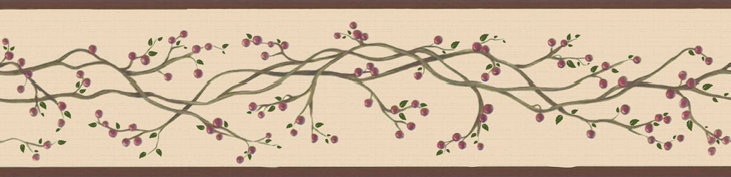Dundee Deco Peel and Stick Wallpaper Border - Retro Red, Sepia Winterberries on Vine, 15 ft x 7 in